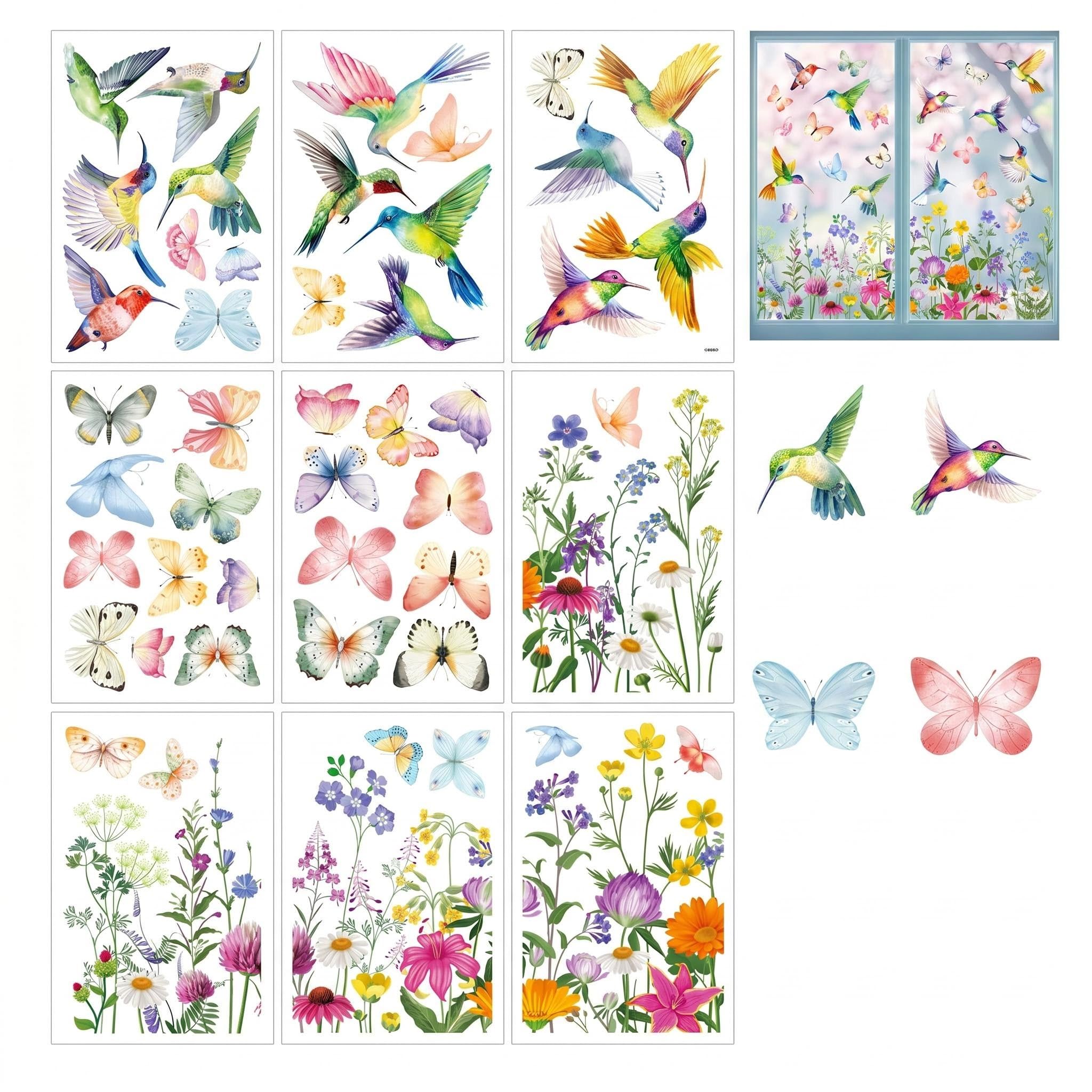 9 Sheets Spring Summer Flower Window Stickers for Glass, Double Sided Static Stained Glass Window Stickers, Anti-Collision Reusable Clings for Home Windows, Doors, Kitchen, Bedroom Décor