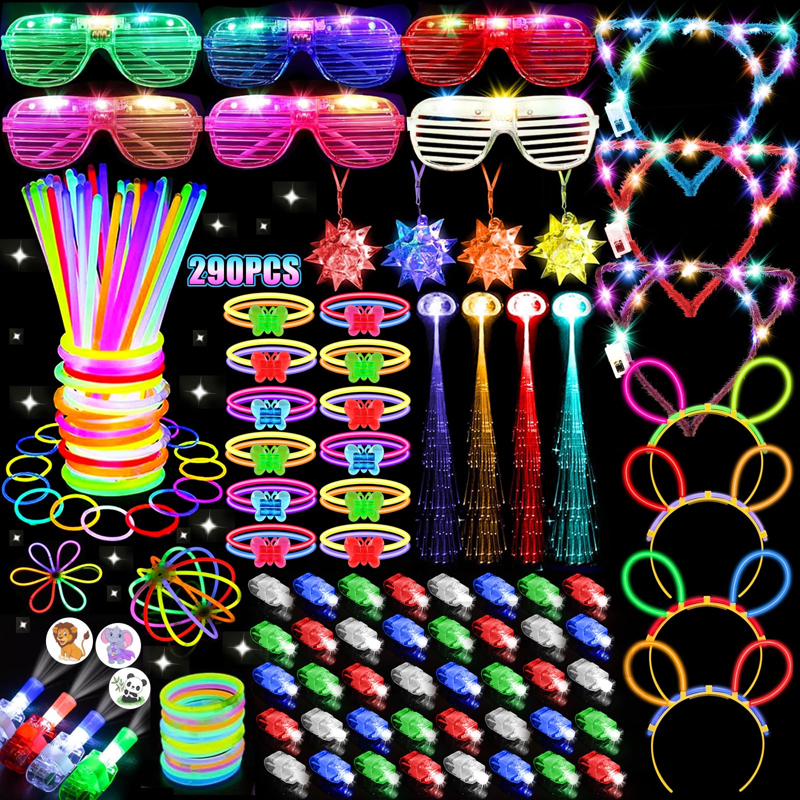 JOJUJB 290PCS Glow in the Dark Party Supplies for Kids Adults,Light Up Party Favors with Light Up Toy Glasses,100 Glow Sticks Bulk Party Pack DIY Glow Necklaces,Bracelets