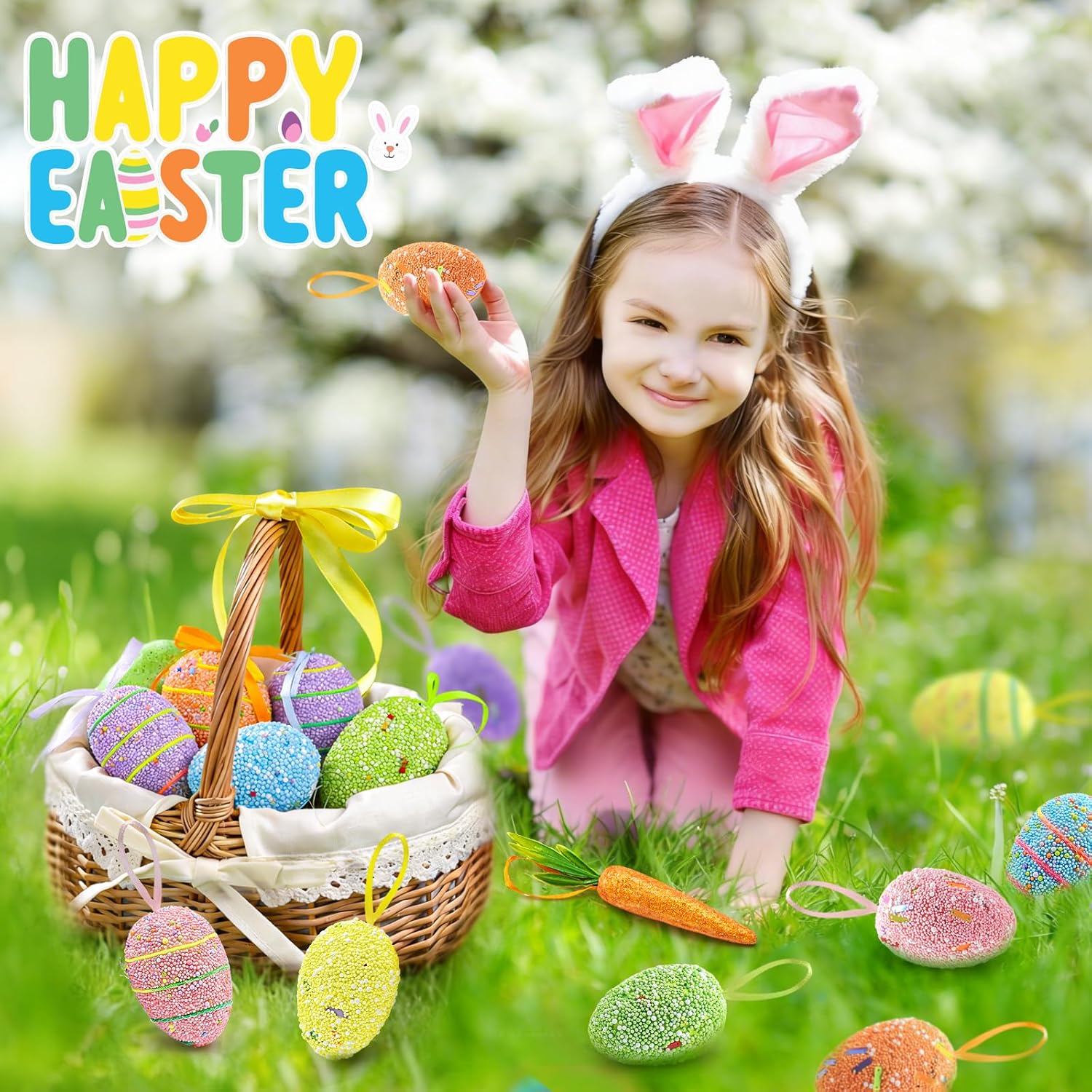 Easter Decorations for Home, 18PCS Easter Ornaments for Tree Colorful Foam Hanging Carrot Eggs Tree Ornaments for Party Outdoor Easter Decor DIY Crafts