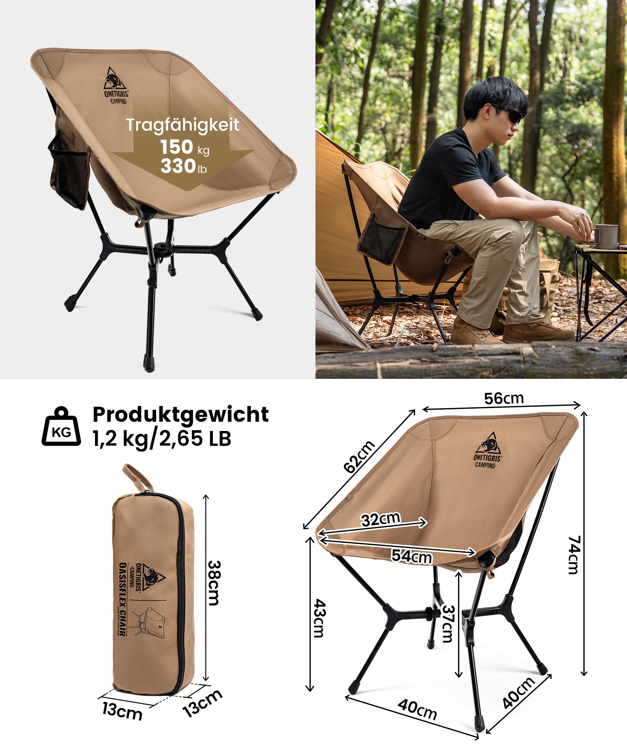 OneTigris OASISFLEX Campingstuhl faltbar 150 kg, Klappstuhl Camping leicht integrierter Kreuzrahmen, Faltstuhl Ultraleicht, mit 2 Seitentaschen für Outdoor, Wandern