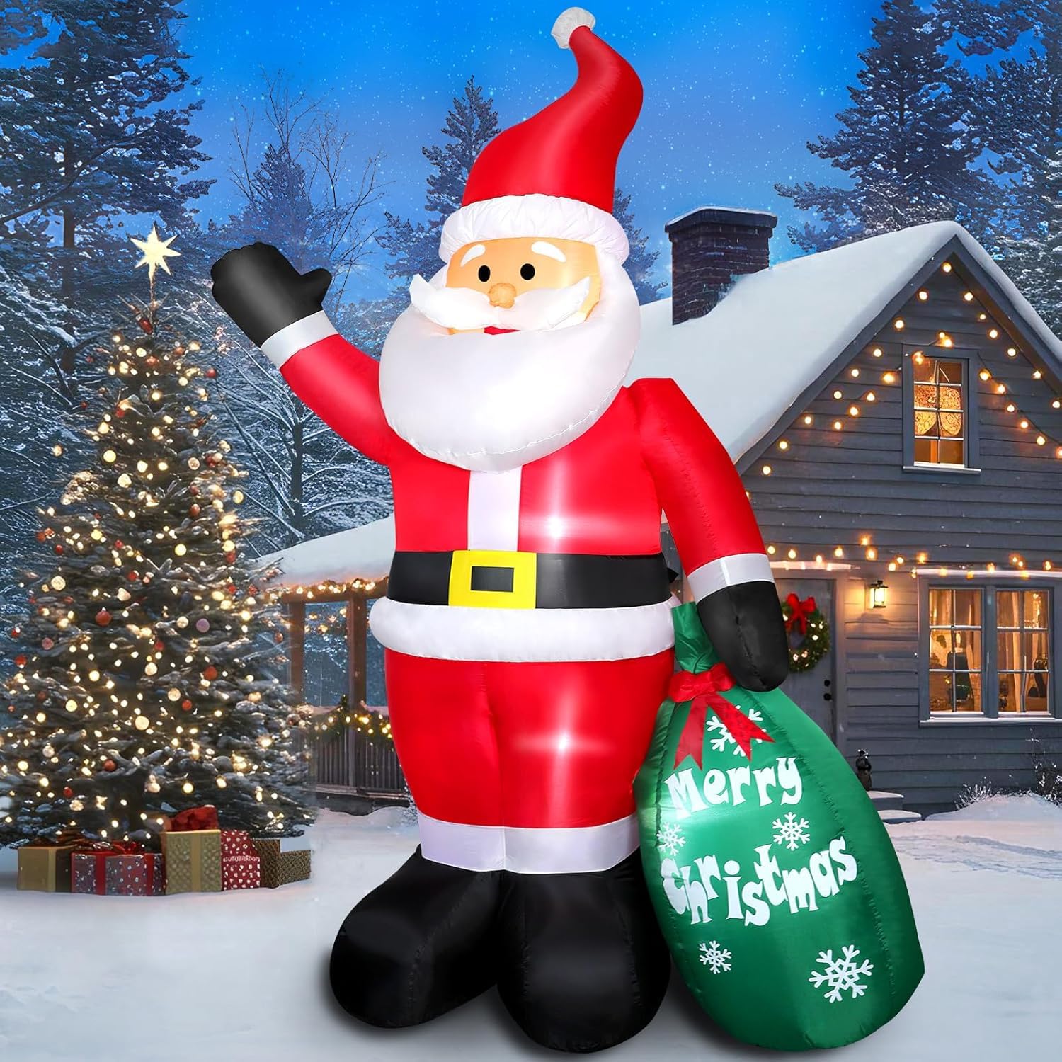 Omdekor 210CM Gonflable de Noël Décorations d'extérieur avec éclairage LED, Décoration Père avec Sac Vert, 7FT Décoration de Noël Gonflable Lumières LED Intégrées pour Jardin/Cour