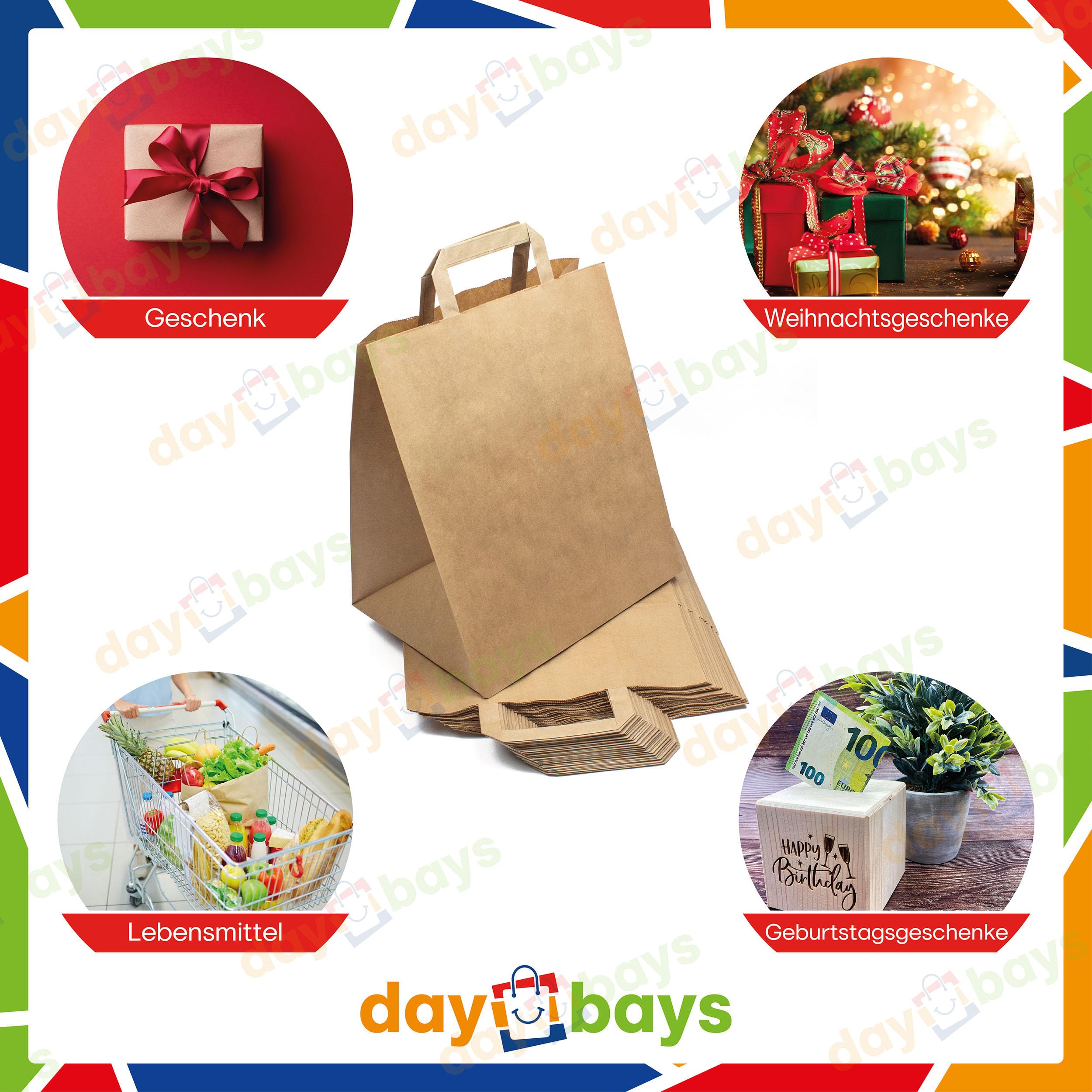 Papiertüten 26+20 x 28 cm Braun, 1000 Stk. Geschenktüten Papiertragetaschen mit Henkel aus Kraftpapier, Papiertaschen Geschenktüte Papiertüte klein (1000)