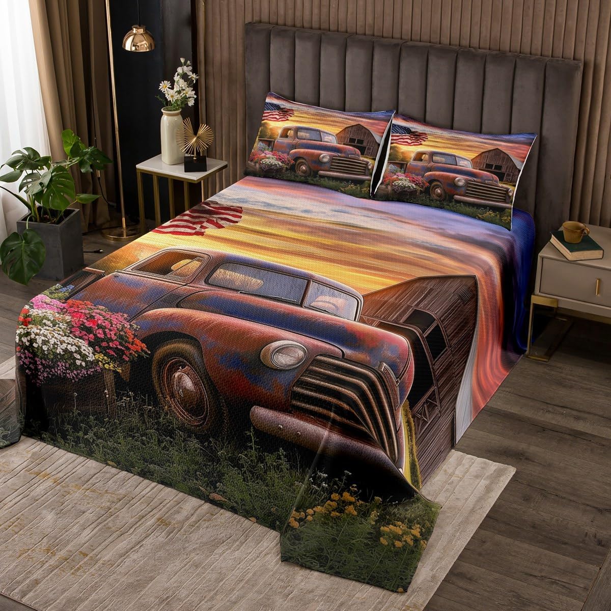 Manfei Vintage Truck Bedspread Twin Size,Village Barn Cabin Style Bedding Bed Cover,Rustic Flowers Plants 2 Pieces Coverlet Set with 1 Pillowcase,Farmhouse American Flag Printed Bed Cover Sets