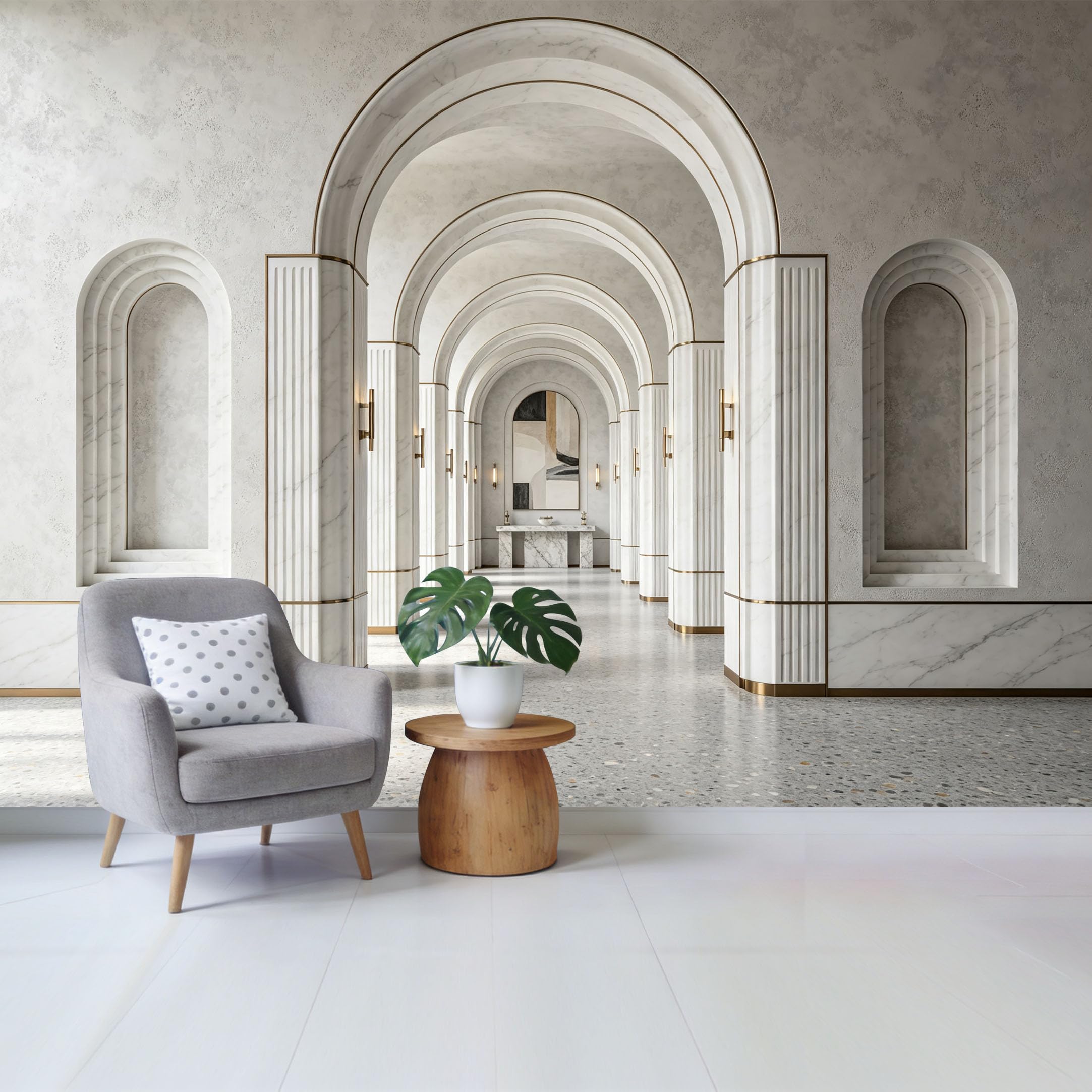 Custom Size Wall Mural Neoclassical Marble Arch Hallway Perspective 3D Trompe L’oeil Removable Self Adhesive Fabric Home Wall Decor for Living Room Bedroom Bathroom