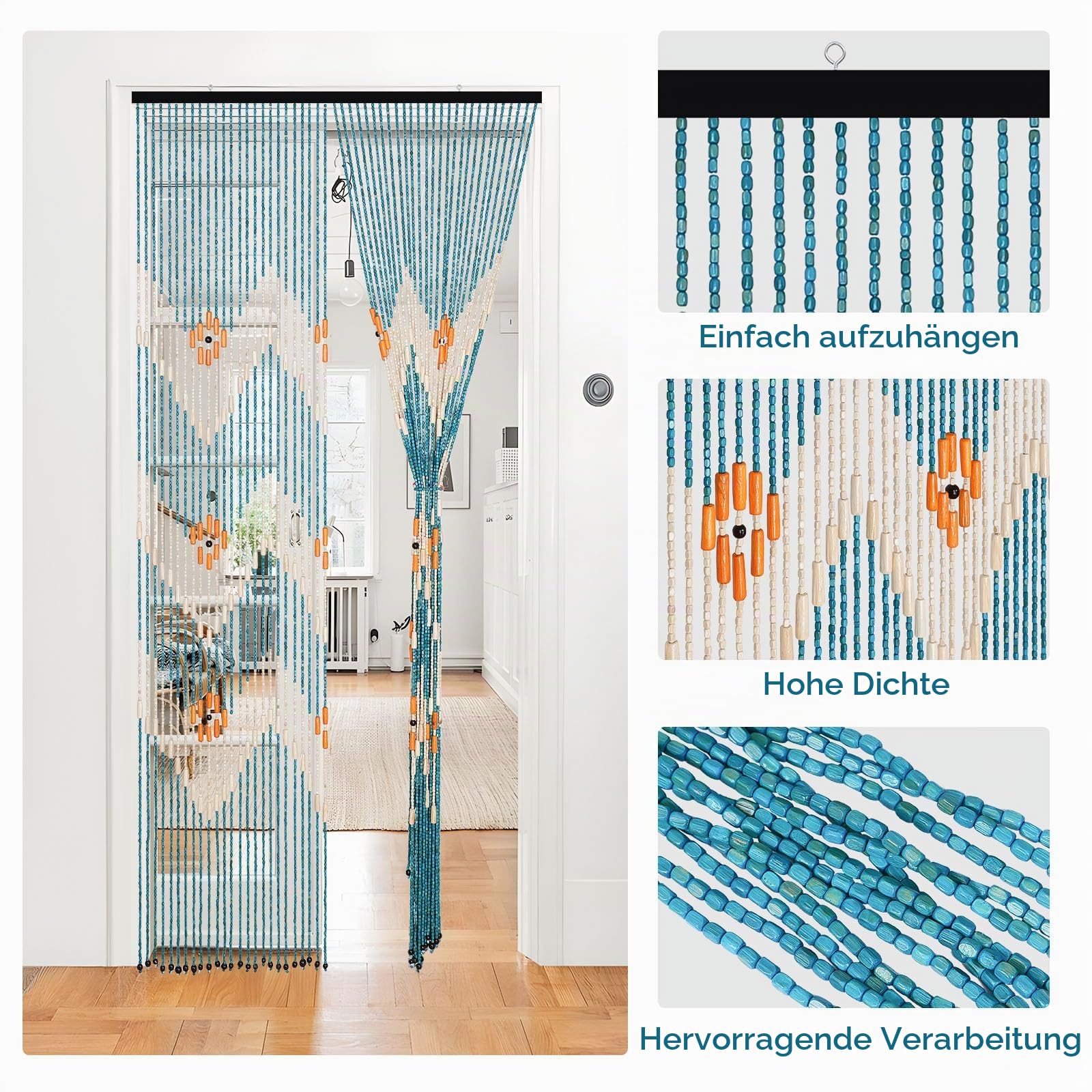 BECHAEO Perlenvorhang für Tür, handgefertigt, Bambus, Holztürperlen, hängende Raumteiler, Hippie-Vorhang für Flur, Fenster, Boho, rustikal, Heim-Shop-Dekor, 80 x 190 cm, Blau