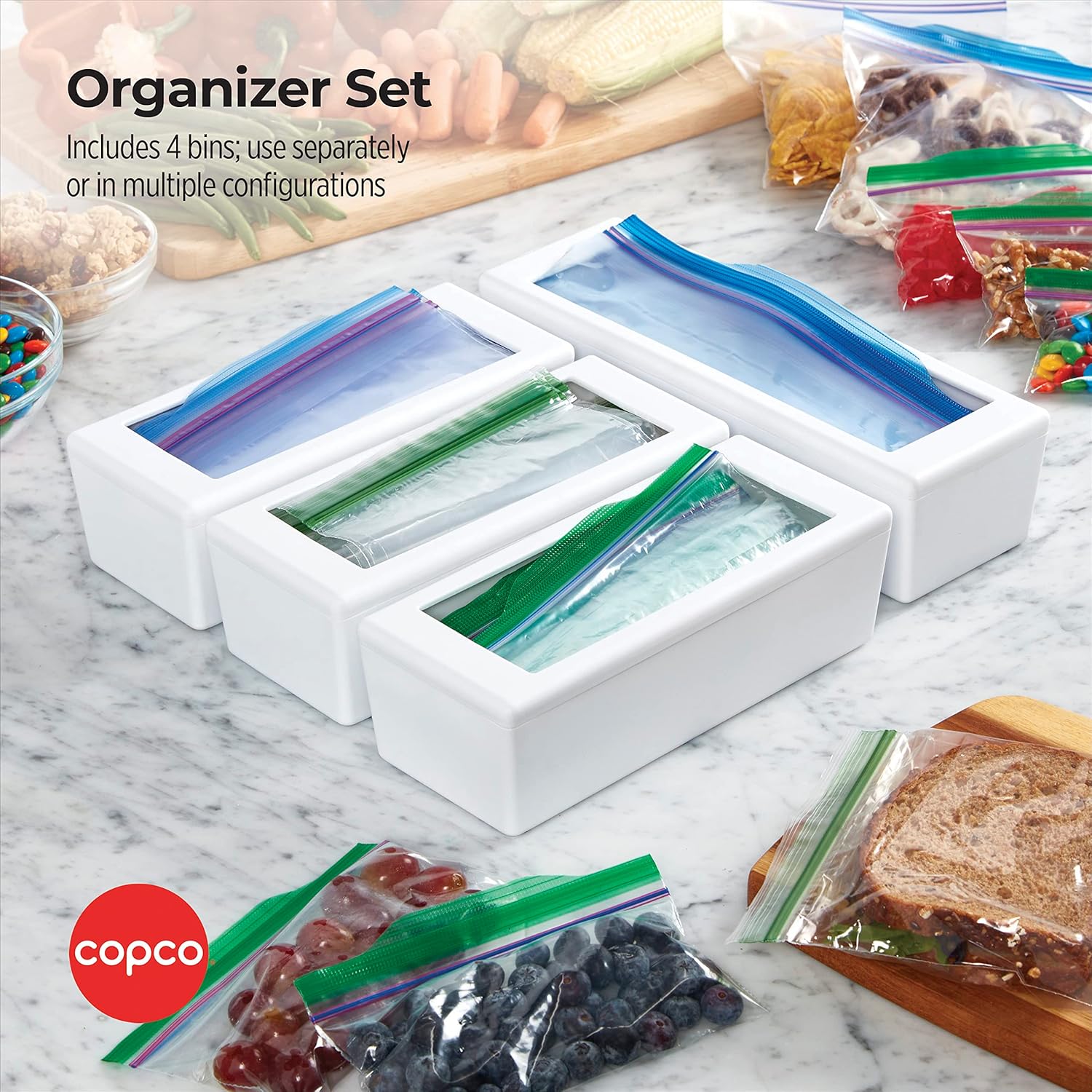 Copco White Set of 4 Storage Bag Organizers for Disposable or Reusable Gallon, Quart, Snack, and Sandwhich bags with Removable Lid - Image 6