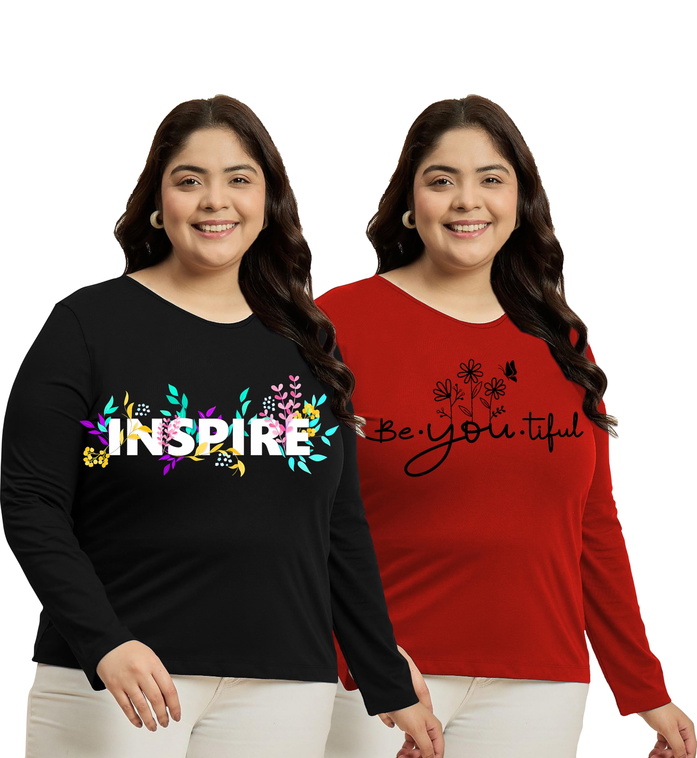 elite soul Plus Size Womens Full Sleeve Cotton Blend T-Shirt ? Casual, Gym, Sports, Lounge Wear Top ? Graphic Print ? Regular Fit ? XL-2XL-3XL-4XL-5XL ? 2 Pack Combo-picture-48