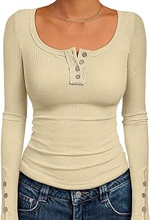 Kissfix Women's Long Sleeve Shirts Casual Fall Henley Top Button Down Blouses Basic Ribbed Knit T Shirts 2024