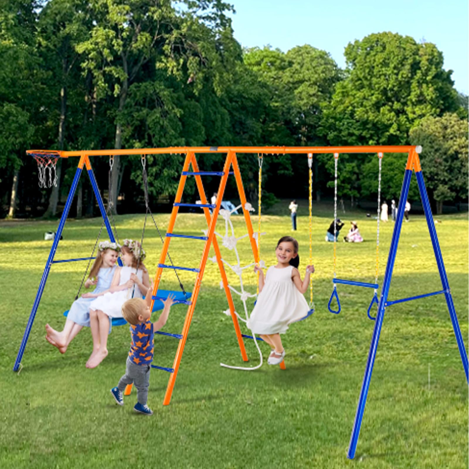 VEVOR Altalena da Giardino, Altalena 6 in 1, Altalena in Metallo per Carichi Pesanti da Esterno con 2 Altalene, Barra a Trapezio, Scala da Arrampicata, Capacità di 200 kg per Bambini dai 3 Anni in Su