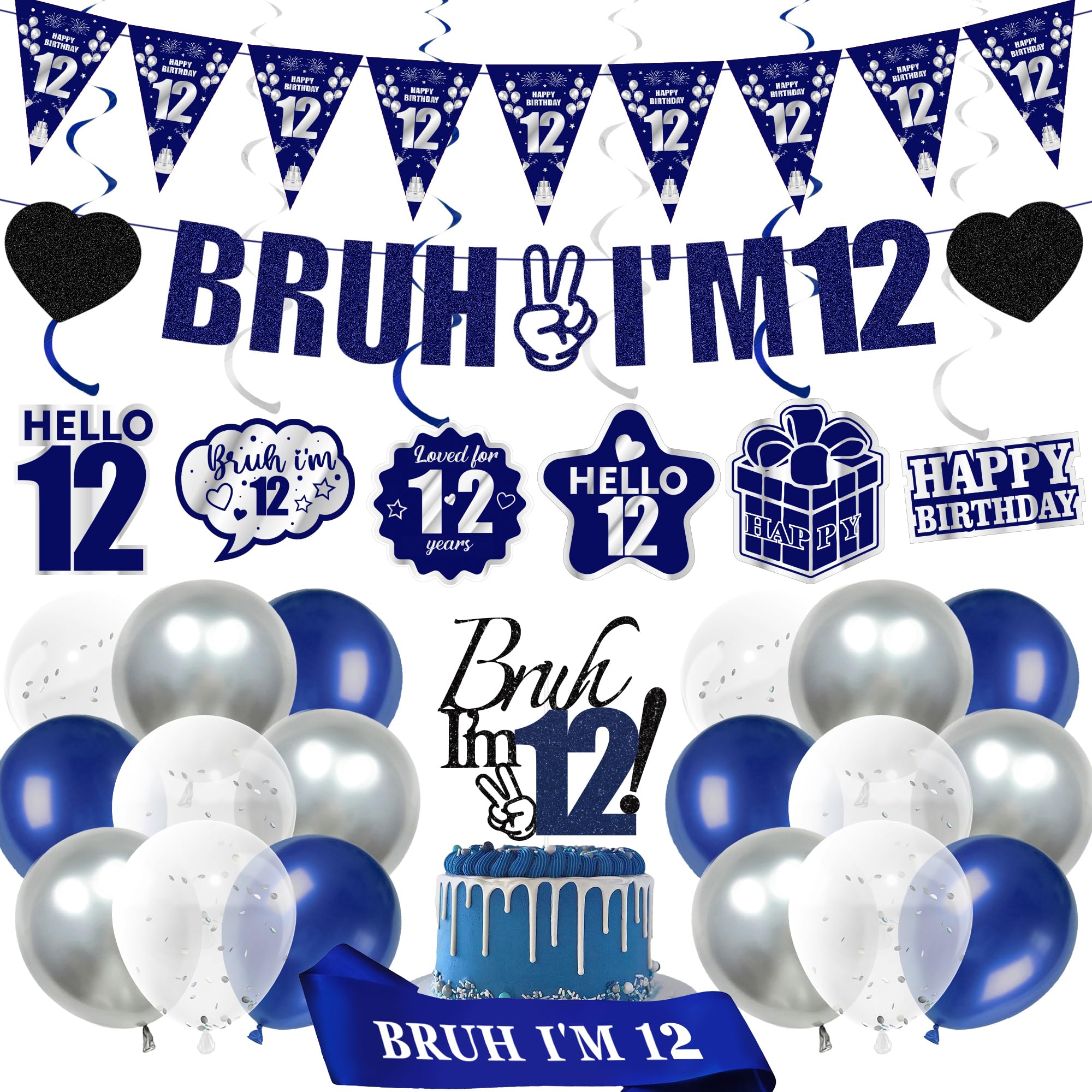 12th Birthday Decorations Balloons Boys - 28 Pcs Blue Bruh I'M 12 Banner Swirl Hangings Latex Confetti Balloons Sash Cake Topper for Kids Boy 12 Years Old Birthday Party Decor Supplies