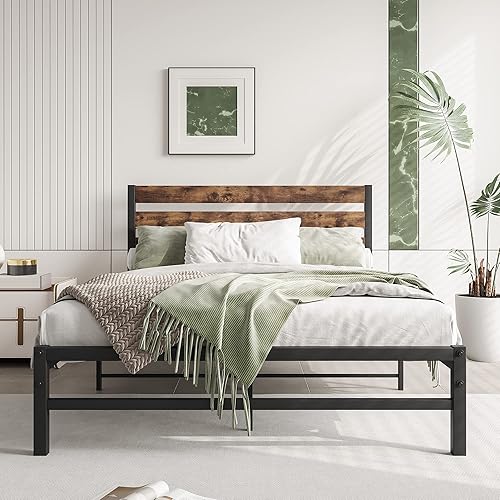 Miniatura 30 de Cama de plataforma de metal de tamaño individual con cabecera de madera, no necesita somier, fácil montaje, grano de madera negro Grano de madera