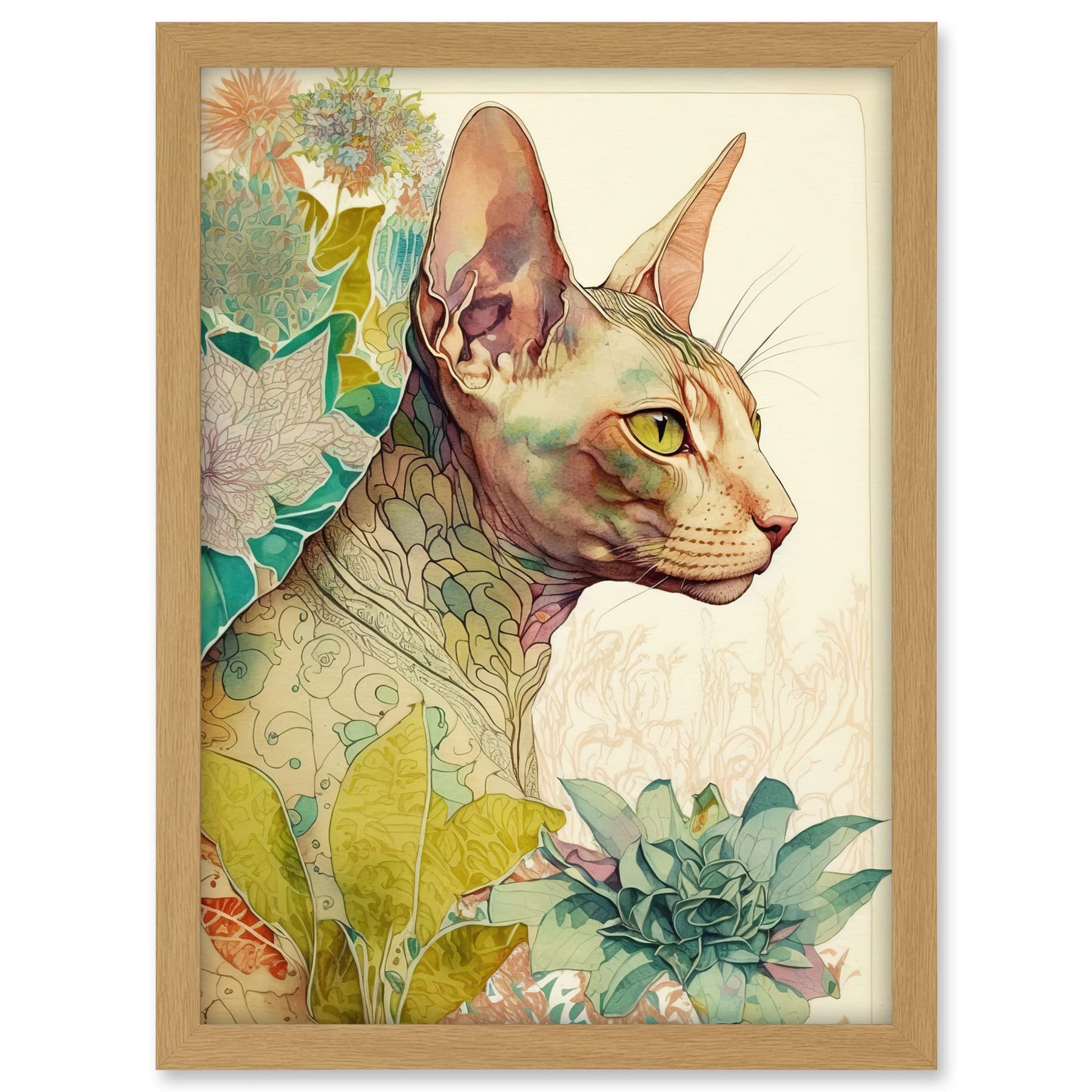 Artery8 Sphynx Cat with Floral Tattoo in Flower Blooms Colourful Modern Watercolour Illustration Artwork Framed A3 Wall Art Print