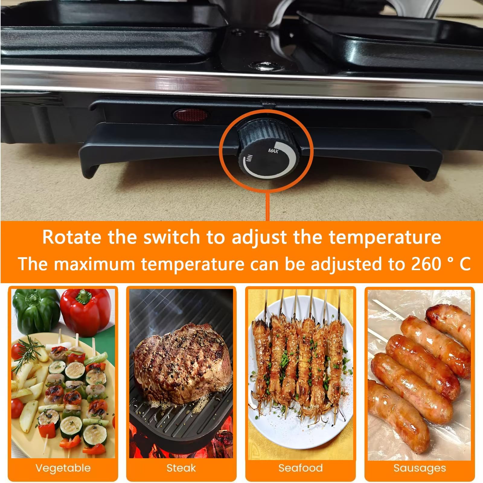 Parrilla de interior sin humo, parrilla coreana 2 en 1, parrilla eléctrica Raclette, utensilios de cocina con 8 mini parrillas para queso, regalo de Navidad, control de temperatura antiadherente 3