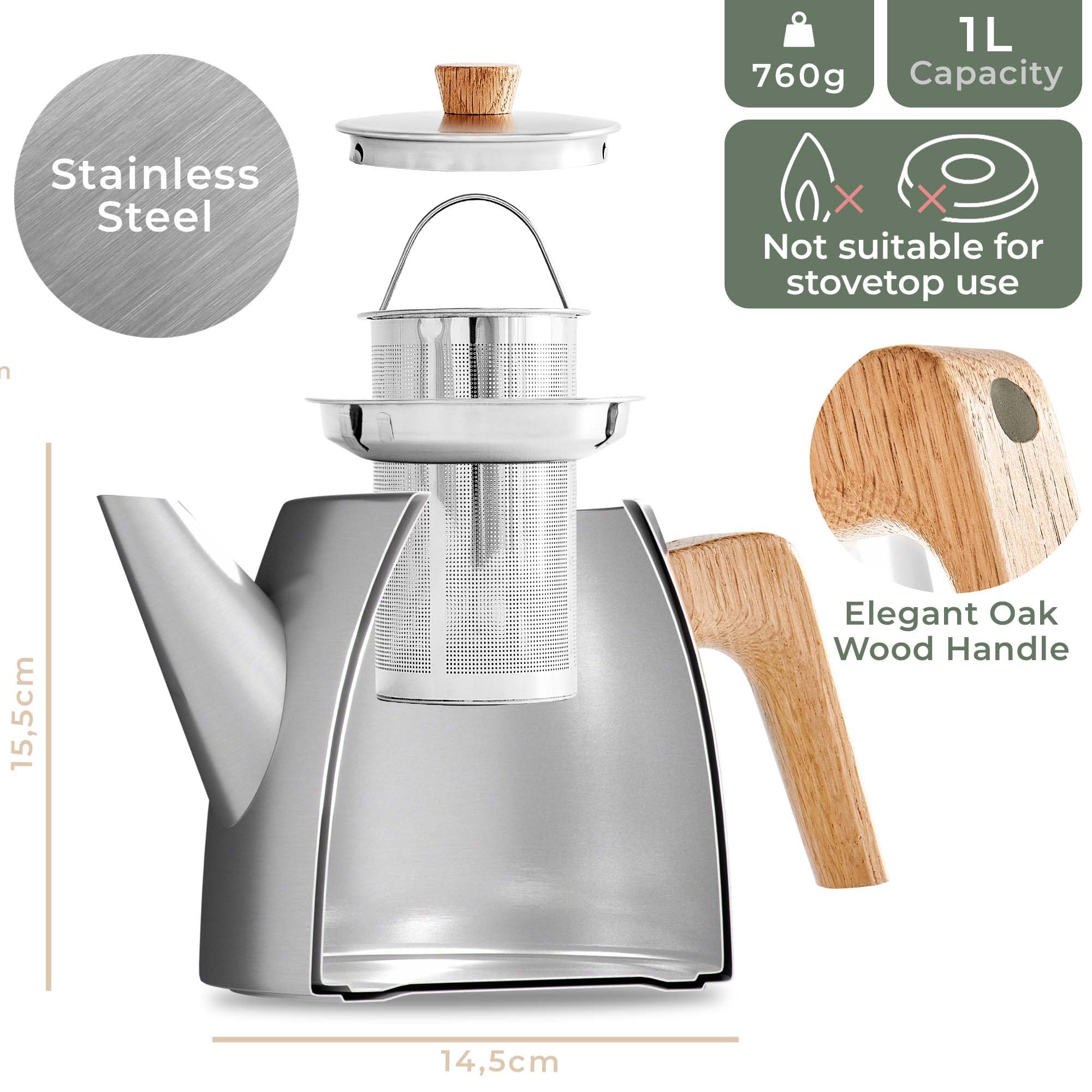 WALDWERK Theepot met zeefinzet – Dubbelwandige theepot van 304 roestvrij staal – Tea Pot met eikenhouten handgrepen – 100% druppelvrij