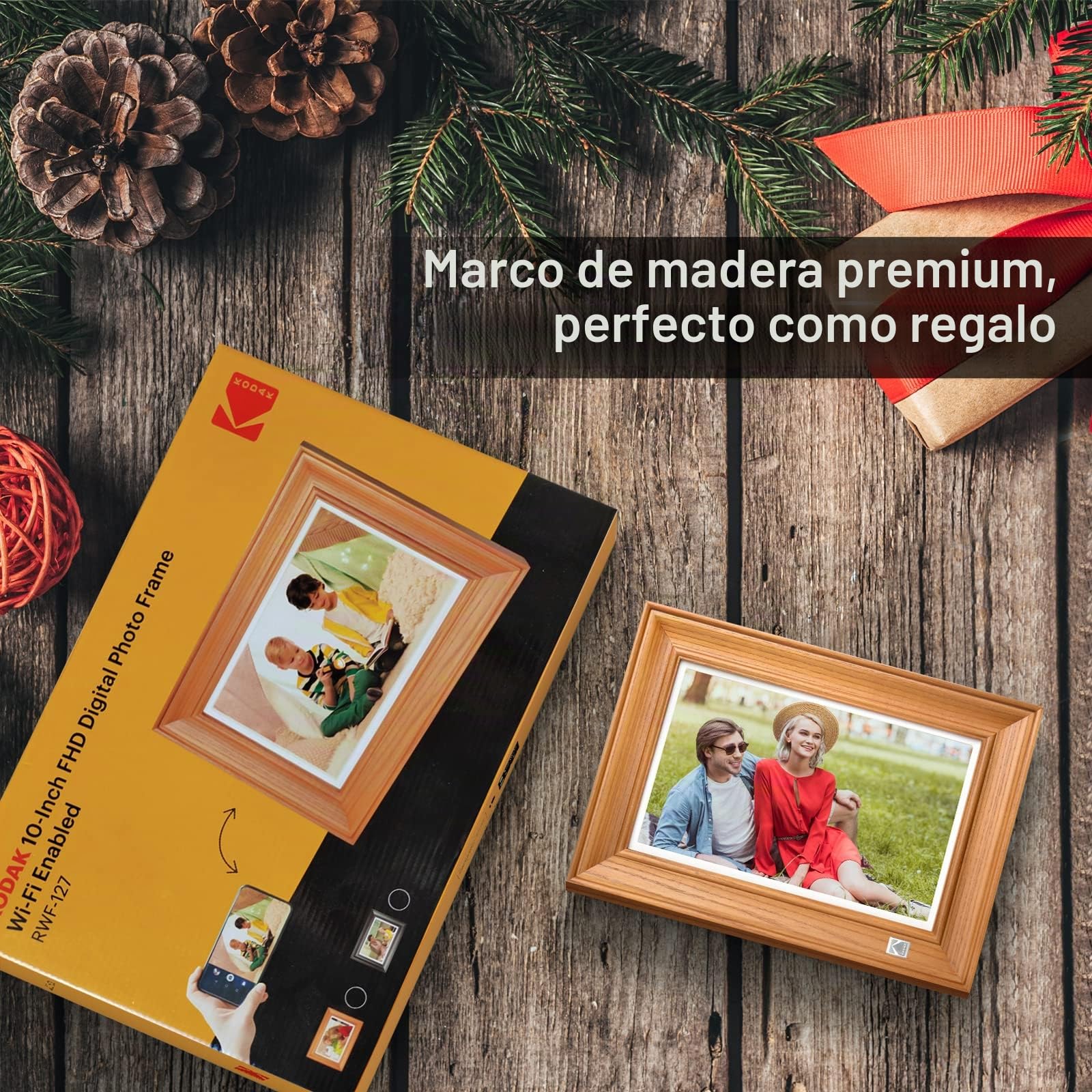 KODAK Marco de Fotos Digital, WiFi Marco Digital de Fotos 10 Pulgadas, FHD 1920*1200 Pantalla Táctil, Madera Portaretratos Digitales con 64GB Memoria, Compartir Imagen, Vídeos a través de la USB o App