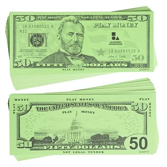 Learning Advantage Fifty Dollar Play Bills, Set of 50 Paper Bills | Designed and Sized Like Real US Currency, Teach Currency, Counting and Math with Play Money