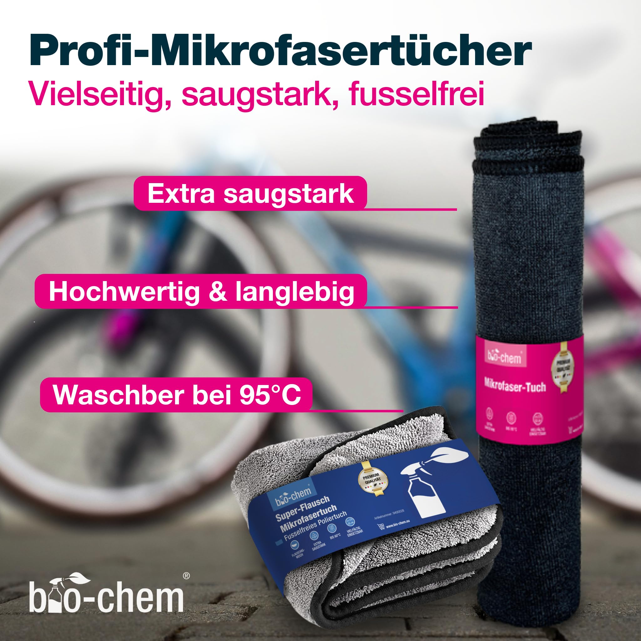 bio-chem Fahrrad Zubehör Set 8-teilig für Reinigung & Pflege | Mit Bürsten, Waschhandschuh & Tüchern für MTB, E-Bike, Rennrad und Citybike | Fahrradreinigung & Pflege