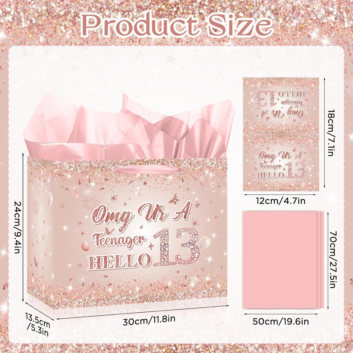 Sweet 13th Birthday Gift Bag for Teen Girls, Rose Gold Official Teenager Birthday Gift Bag with Greeting Card and Tissue Paper Pink OMG Ur A Teenager Wrapping Paper for Girls 13 Year Old Party Favors