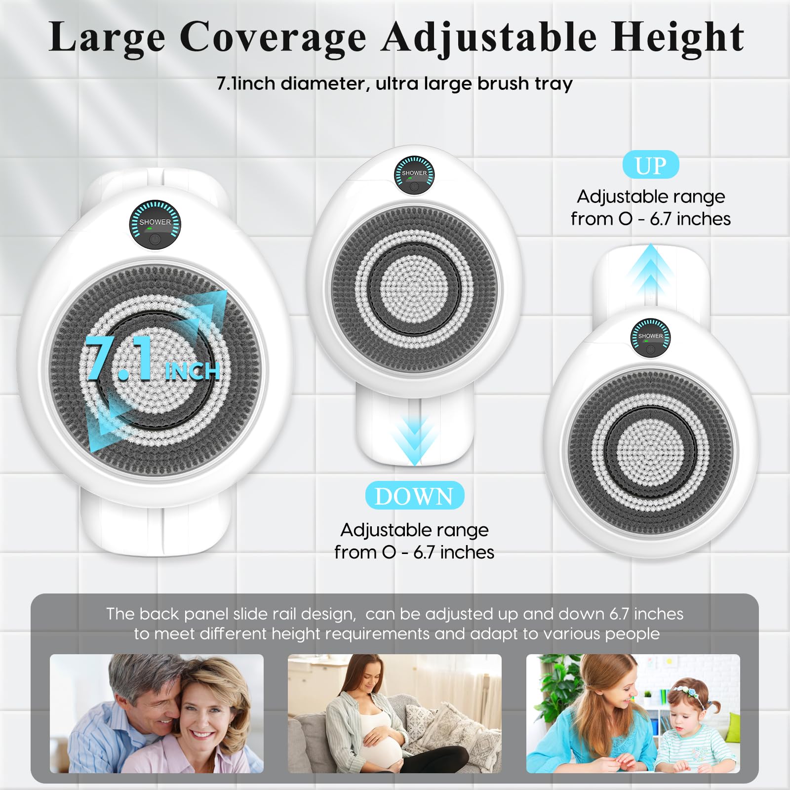 Cepillo eléctrico para la espalda para ducha, cepillo exfoliante montado en la pared, limpiador corporal automático manos libres, IPX7 resistente al agua, ajuste de 3 velocidades, 3 cabezales