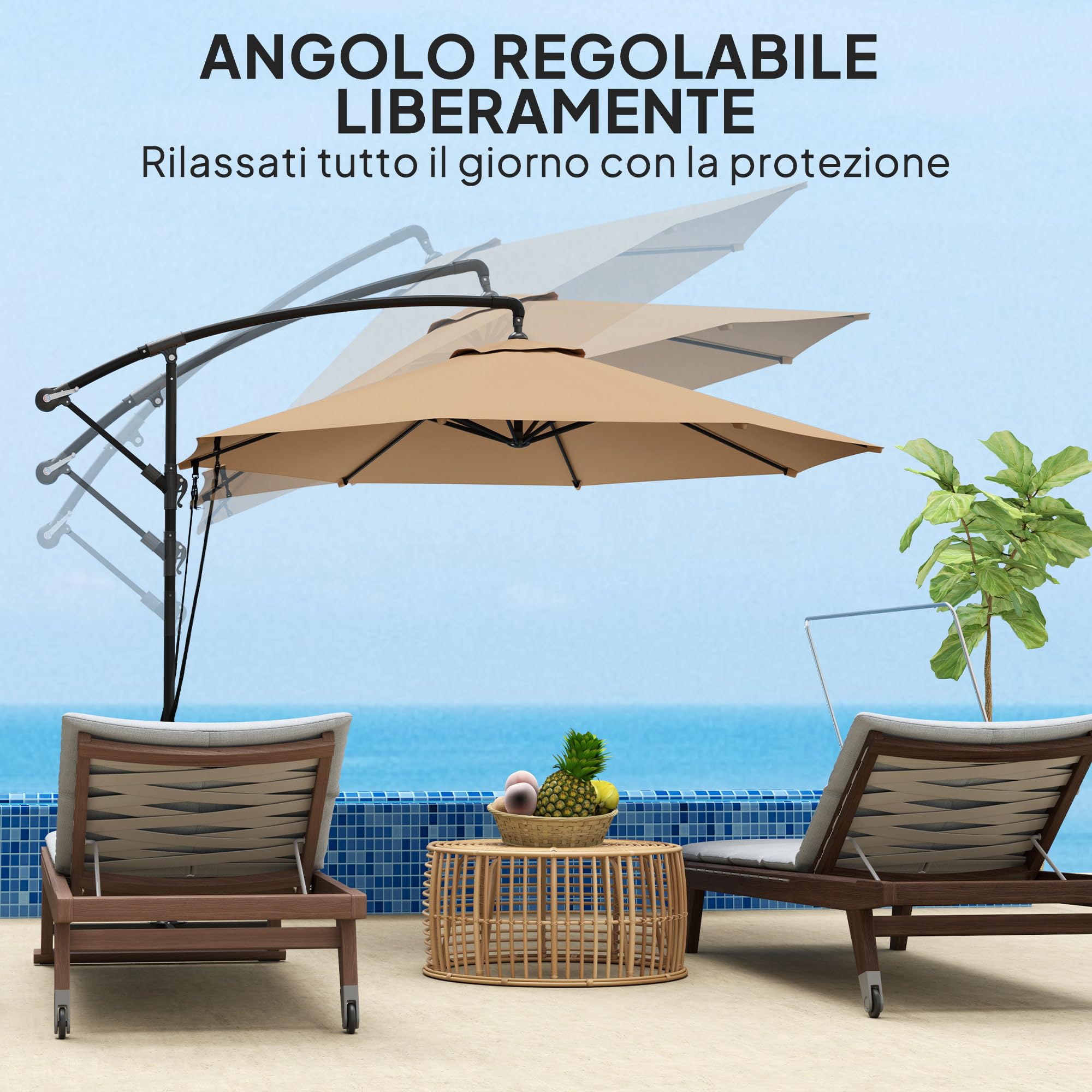 Outsunny Ombrellone Decentrato Ø3 m Ombrellone da Giardino UV 50+ Cachi | Prese d'Aria, Base a Croce e Manovella, Inclinabile e Girevole, Metallo e Poliestere 180 g/㎡