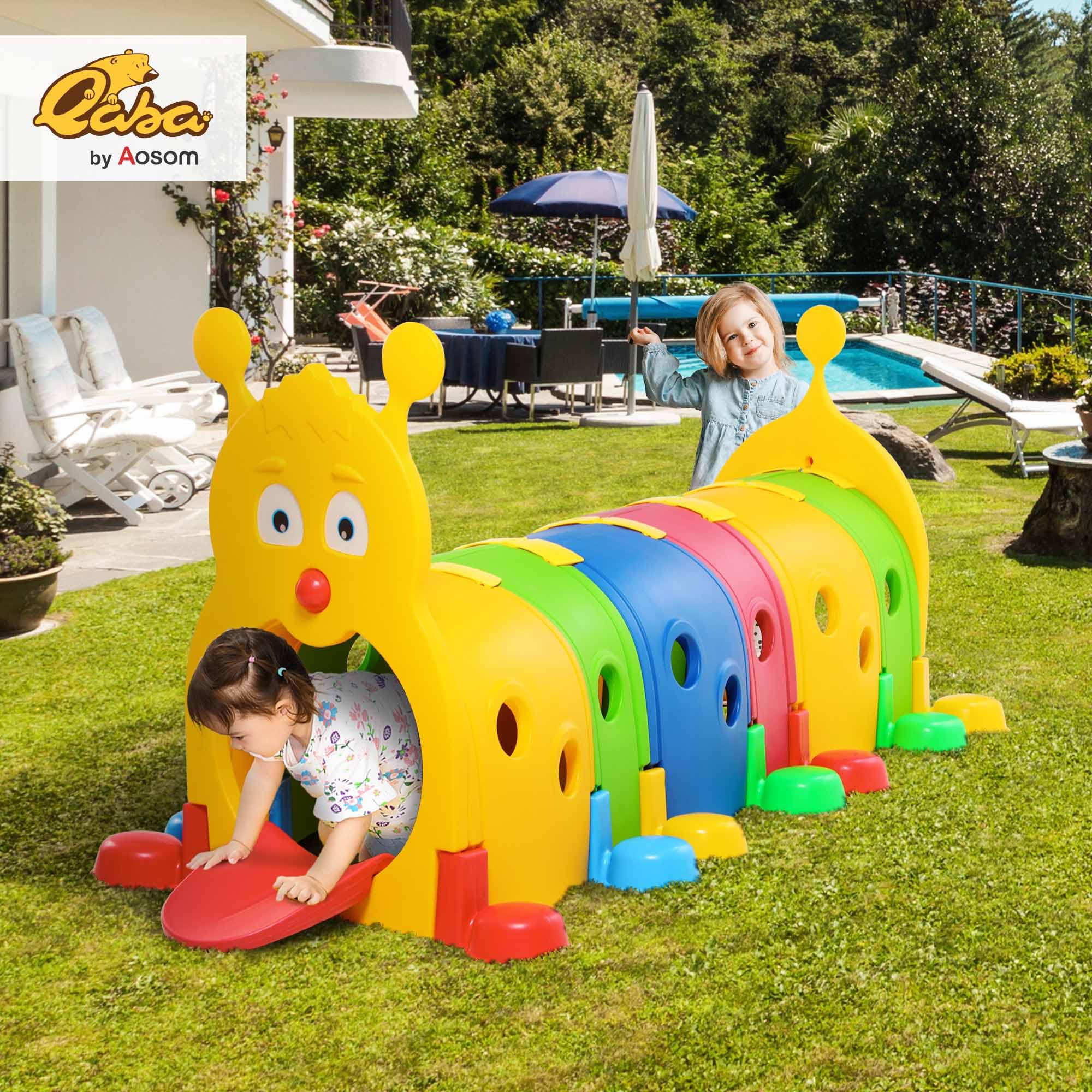 Qaba Caterpillar Tunnel for Kids, Outdoor Indoor Climb and Crawl Through, Play Equipment for Toddler 3-6, 6 Sections, for Daycare, Preschool, Playground, Multicolor