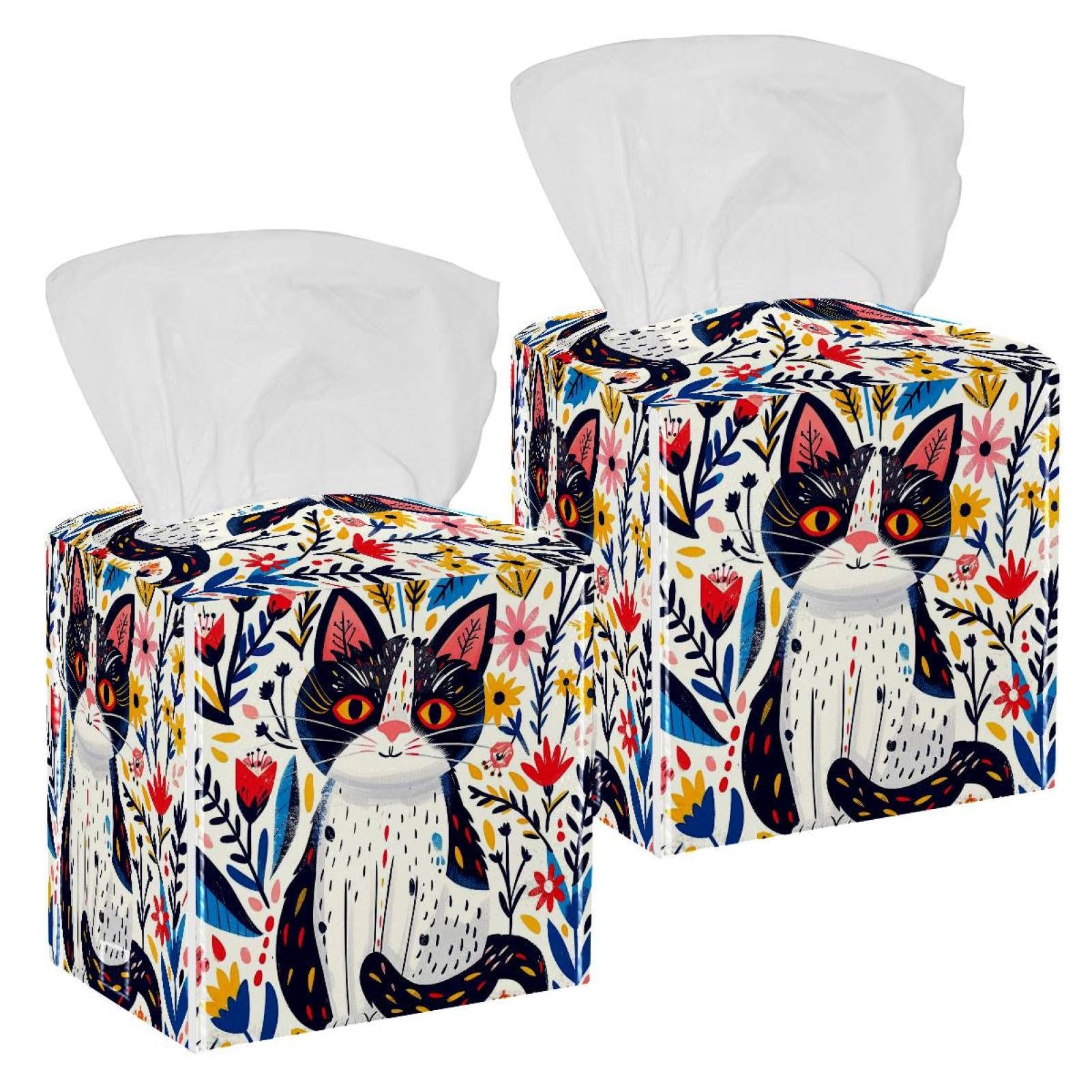 Cat Cartoon Tissue Box Cover, 2 Pack PU Leather Square Facial Tissue Dispenser Box holder for Home Office Car