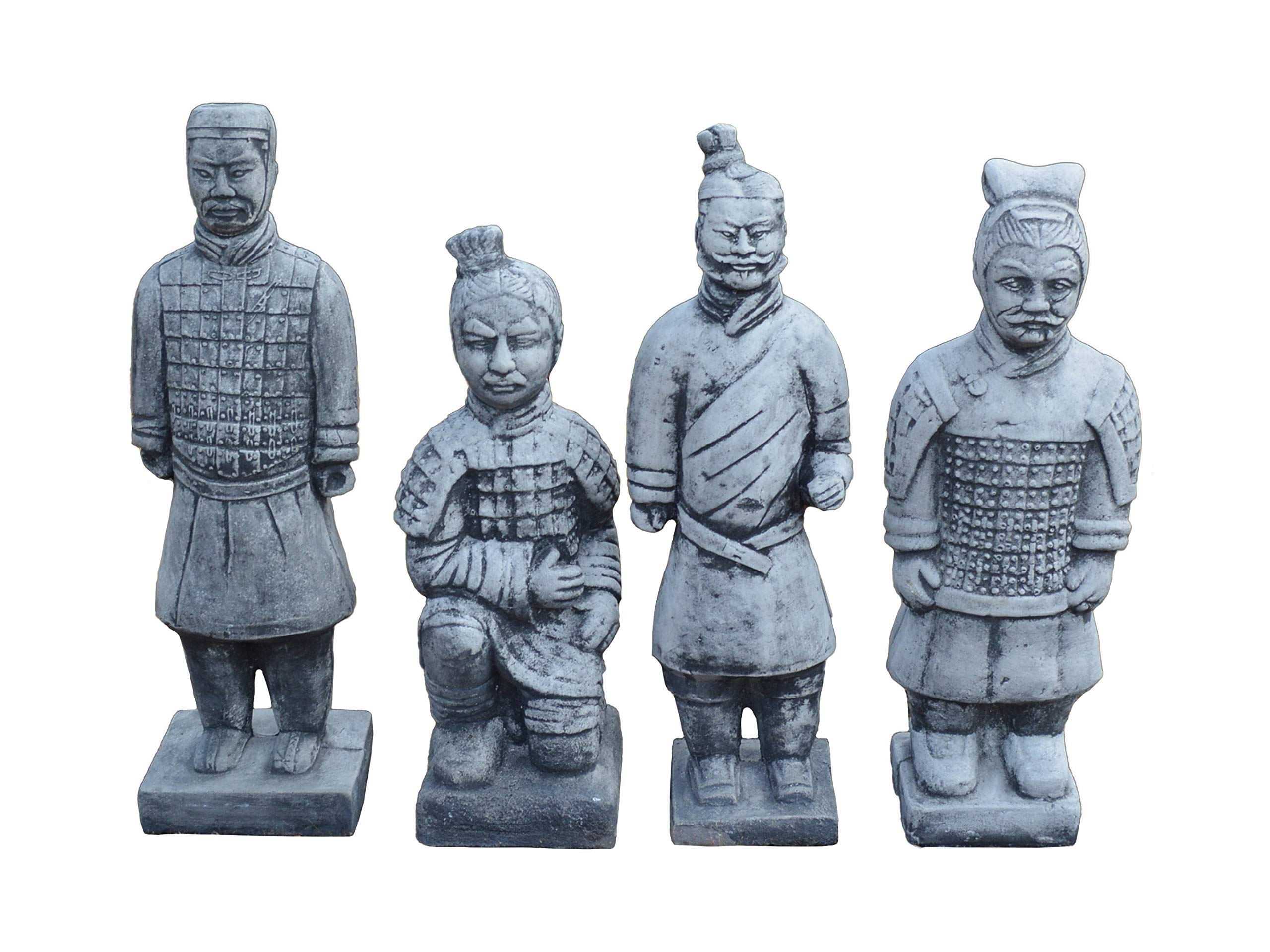 Gartendekoparadies.de White,Grey Four Chinese Terracotta Warriors In A Set, Stone Figure, H. 31-37 Cm, 10 Kg, Gray, Frost-Proof Made Of Cast Stone For Outdoor Use
