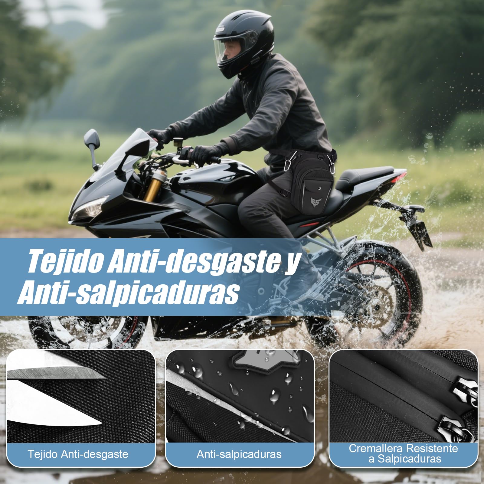 Eshow Pernera Moto Ampliable, Riñoneras con Portabotella y Tira Reflectante para Hombre y Mujer, Bolsa Pierna para Ciclismo Montañismo Viajes Senderismo Trabajo Camping Escalada Negro