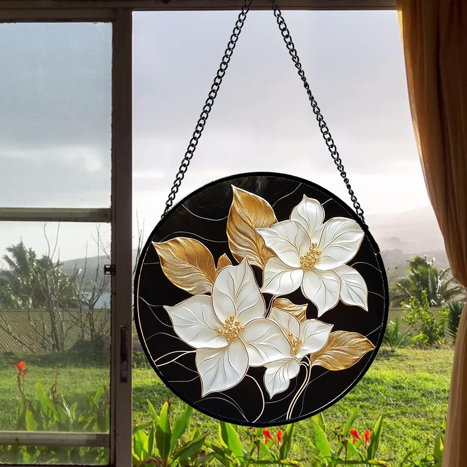 Stained Glass Window Hanging - White Flowers Gold Leaves Black Suncatcher for Door Terrace Garden Home Decor Plant Sun Catcher Birthday Gifts for Lovers Women Men Dad Mom Nana 11.8 in