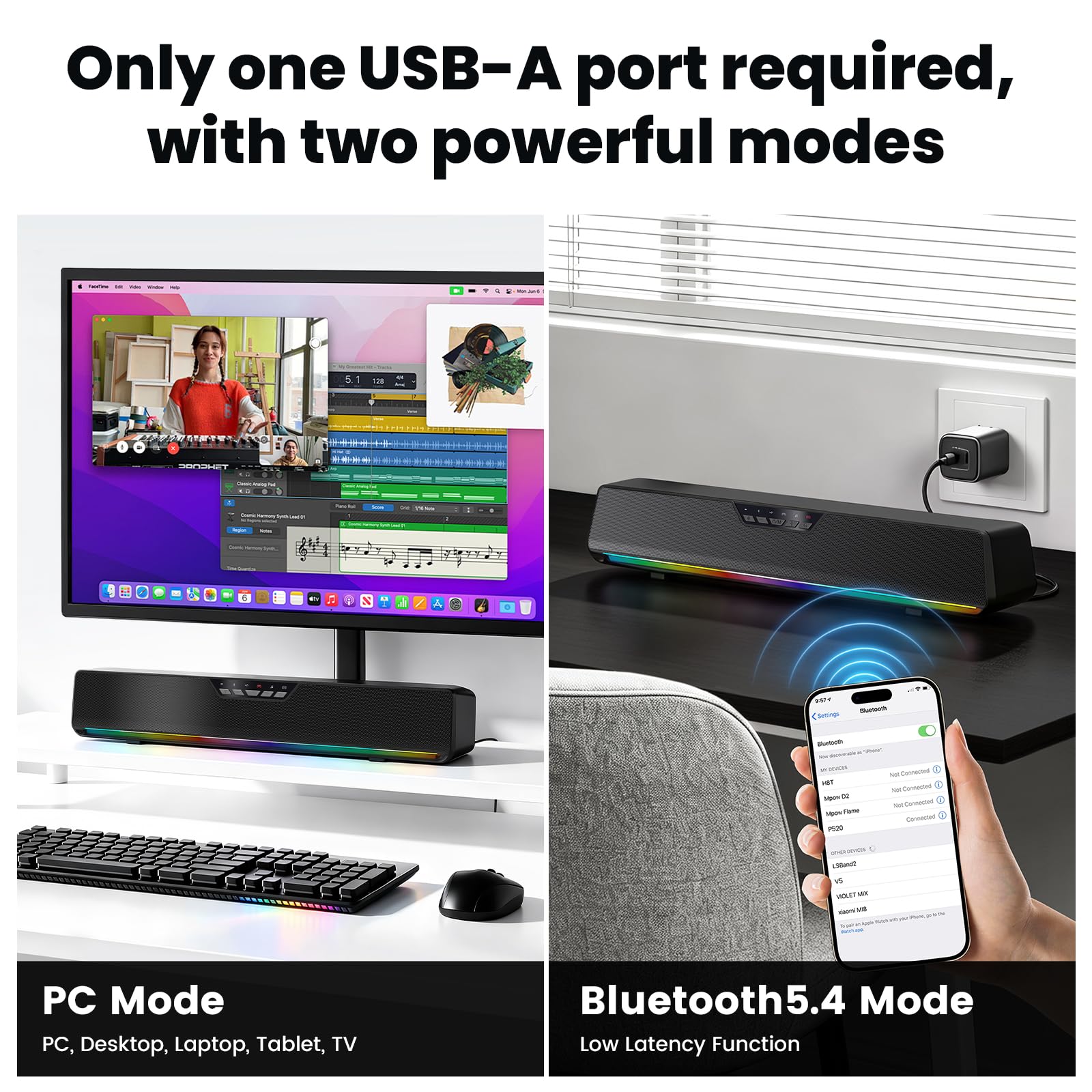 Altoparlanti per computer desktop, HiFi Bluetooth Soundbar RGB Luci Altoparlanti PC con suono Surge Clear Surge, USB C/USB Powered per computer desktop PC Laptop Monitor