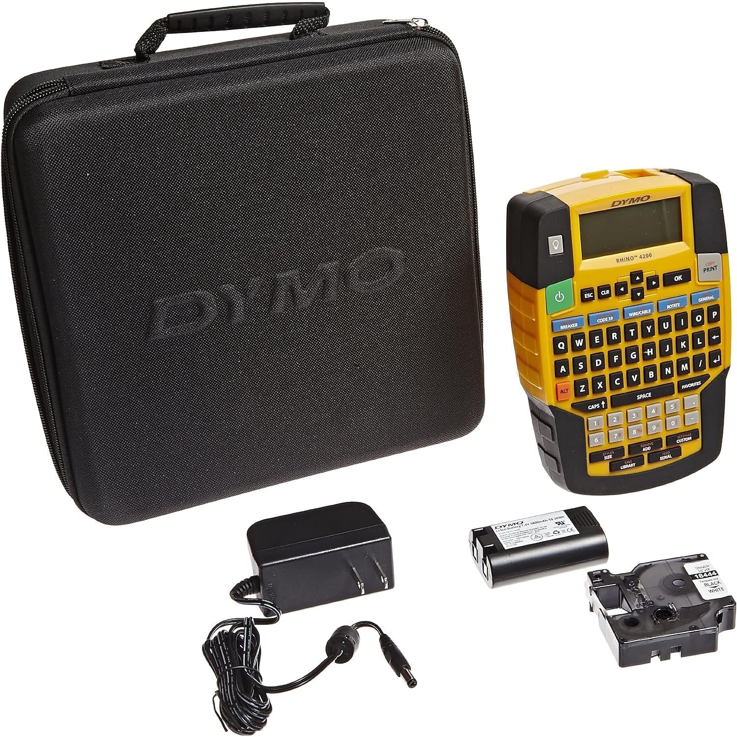 DYMO Rhino 4200 Industrial Label Maker Carry Case Kit with 1 Roll of 1/2" All-Purpose Vinyl Labels, Black on White