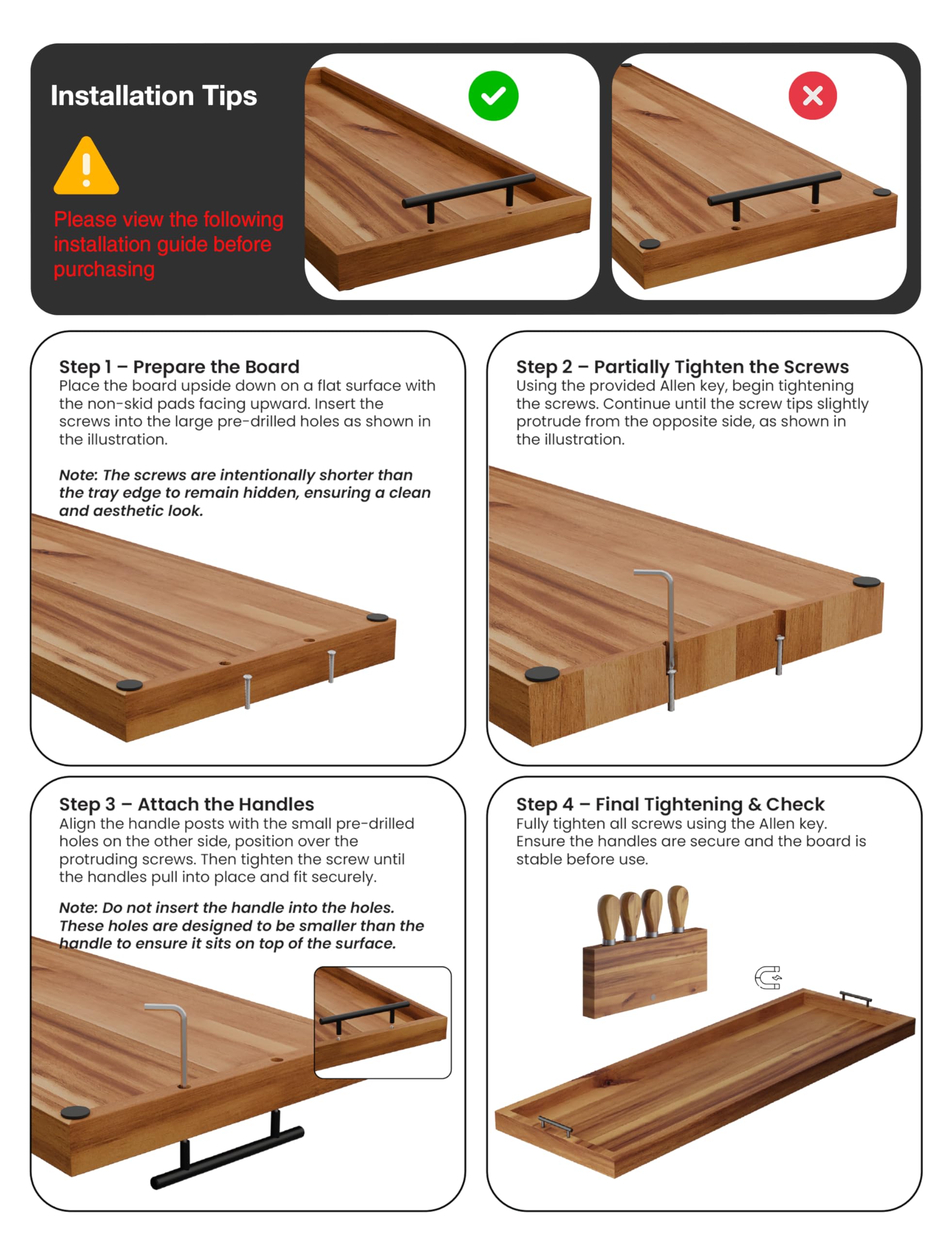 TIDITA Tabla de embutidos grande de madera de acacia de 36 pulgadas con asas de metal y juego de 4 cuchillos, bandeja de madera para servir queso, tabla larga para aperitivos