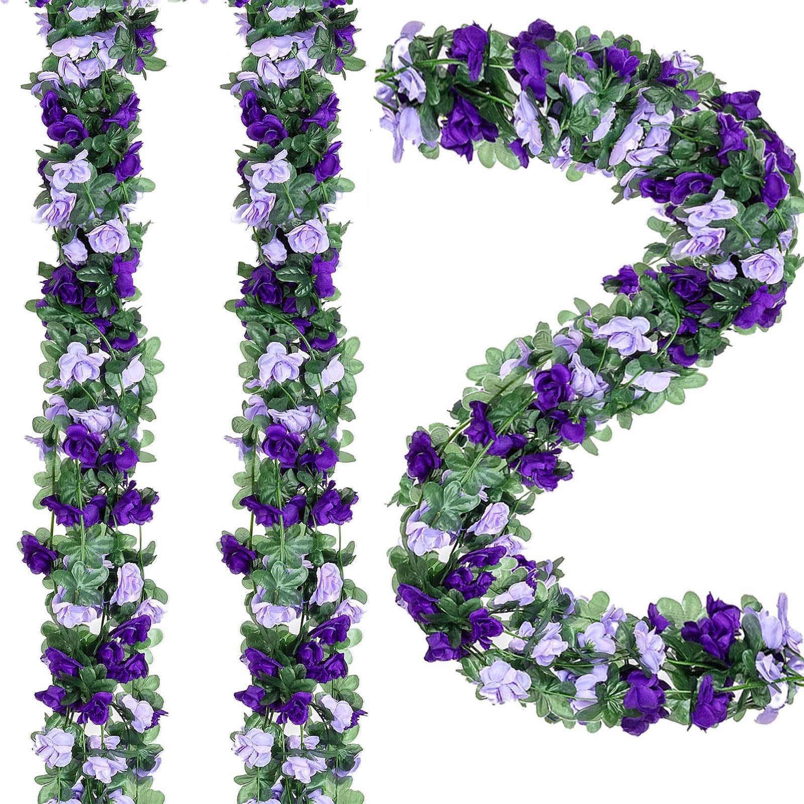 5 Packs 40FT Artificial Rose Garlands - 12.2m Total Length (2.45m Each) with 225 Silk Flower Heads - Faux Rose Vines for Wedding Arch, Garden Fence, Home Party & Photography Backdrop Decor (Purple) — image 1