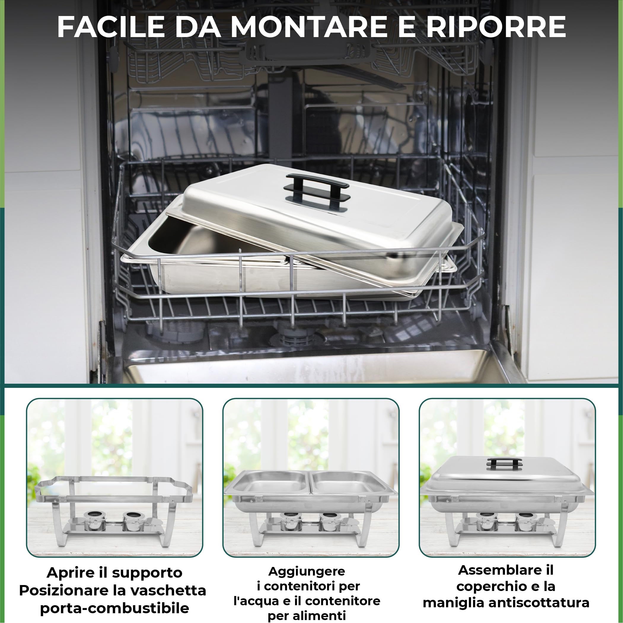 Set 4 Scaldavivande LEUTHERIA - Chafing dish professionale in acciaio inox alimentare SS201 per buffet/bagnomaria professionale/mantenimento caldo/catering/hotel/ristorante - 9L capacità