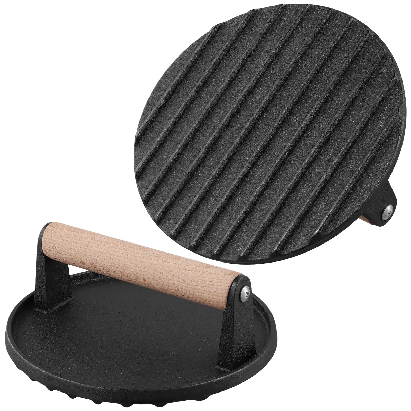 FUNSUEI Set di 2 Presse per Hamburger in Ghisa, 17,5 cm, 1 kg, Antiaderente, Manico in Legno, Smash Burger Press per BBQ, Bistecche e Griglia
