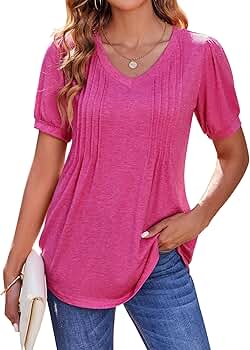 Zeagoo Women's Puff Short Sleeve Tunic Tops Pleated V Neck