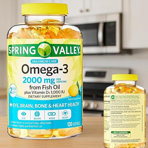 Miniatura 5 de Spring Valley Omega-3 de aceite de pescado 2000 mg para ojos cerebro hueso y salud cardíaca Suplemento dietético Softgels, 120 unidades, paquete con