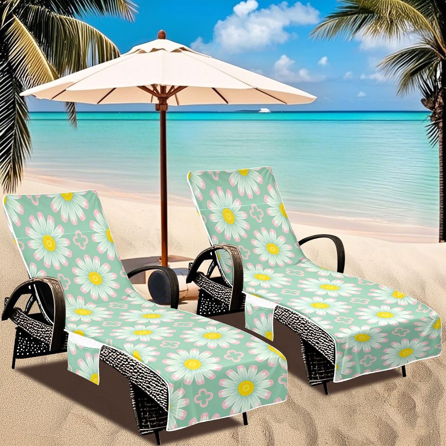Daisy Lounge Chair Towel Cover with Side Pockets – 85x30in Foldable Chaise Cover for Beach, Pool, Patio, Spa