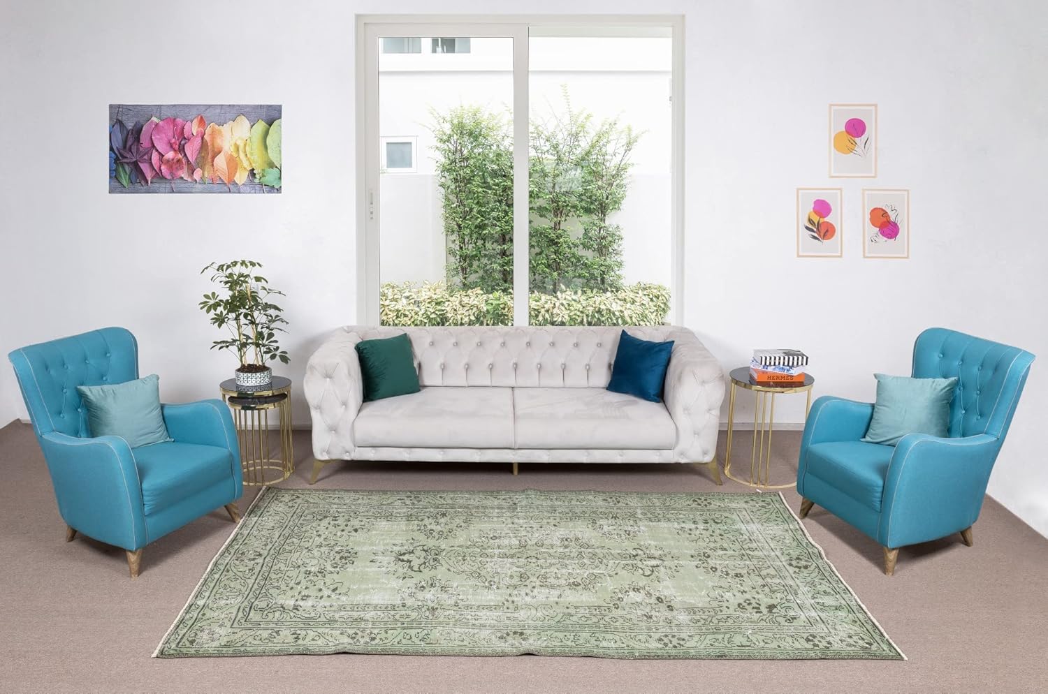 5.8x9.5 Ft Living Room Decor Rug, Light Green Over-Dyed Turkish Handmade Carpet