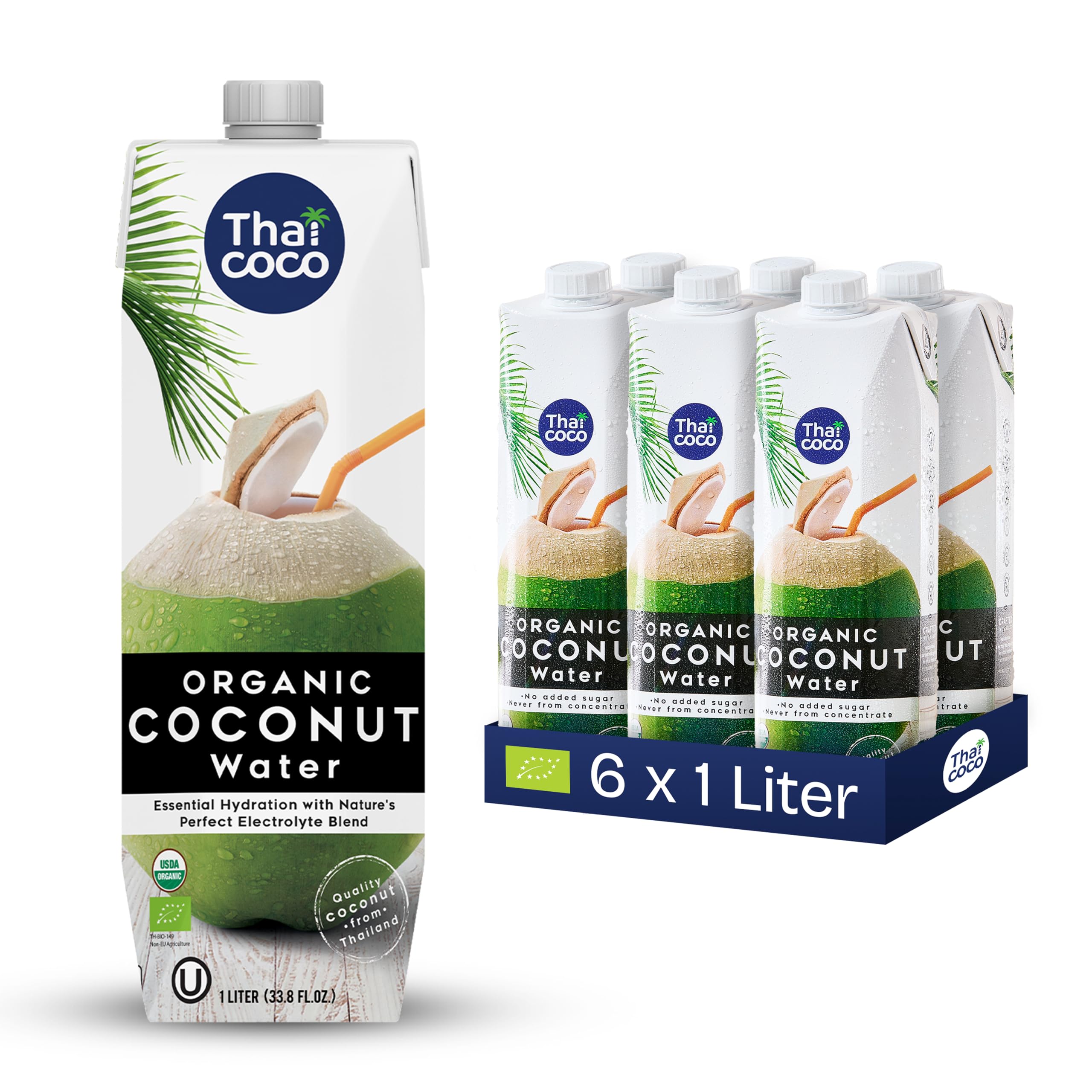 Thai Coco 100% eau de coco bio – Rafraîchissement naturel de Thaïlande – Certifiée biologique, sans sucre, sans ajout de conservateurs, 6 x 1 L Tetra Pak – Goût frais de noix de coco biologiques