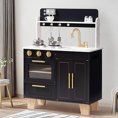 ROBUD Wooden Toy Kitchen for Kids, Modern Marble-Style Play Kitchen with Realistic Oven, Stove & Coffee Station, Storage Cabinet, Metal Kitchen Utensils, Gifts for Kids Ages 3+