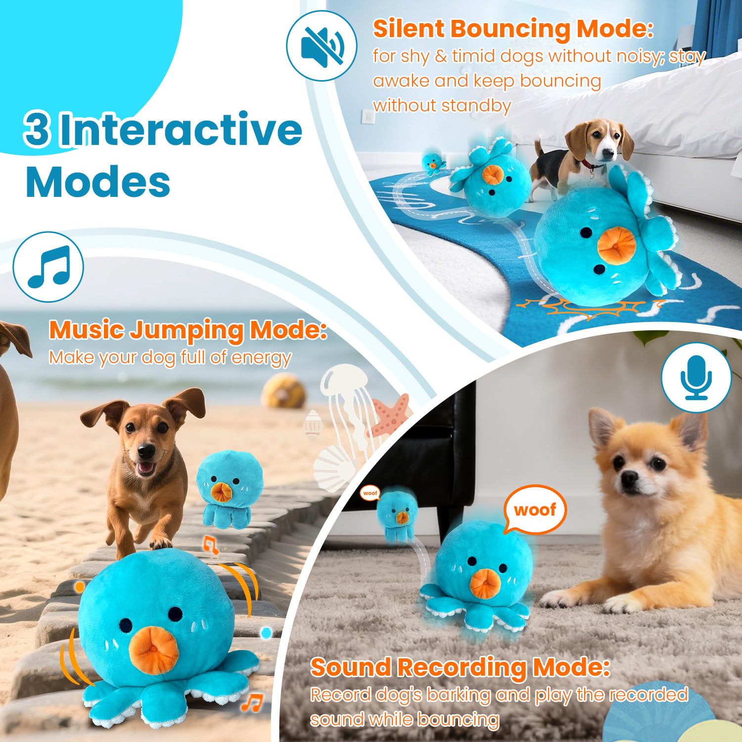Giocattoli interattivi per cani, giocattolo per cani in movimento per tenerli occupati, rimbalzante automatico per cani, palla vibrante con musica che salta parlando, modalità silenziosa, ricaricabile