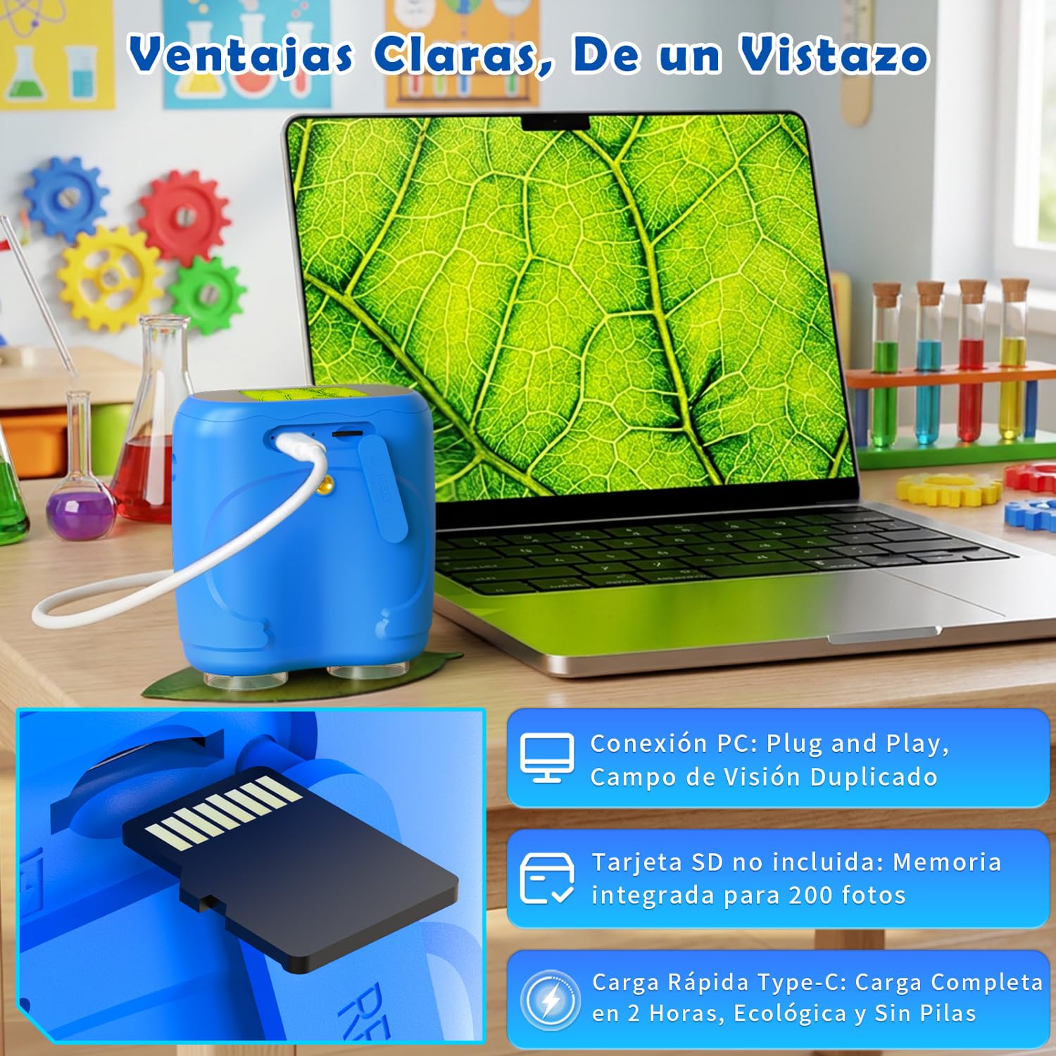 Microscopio para Niños 2 en 1 con Prismáticos, Pantalla IPS HD de 2,0", Aumento 1000x, 8 Luces LED, Resolución 1080P, Juguete de Naturaleza para Niños y Niñas +3 Años, Azul Claro