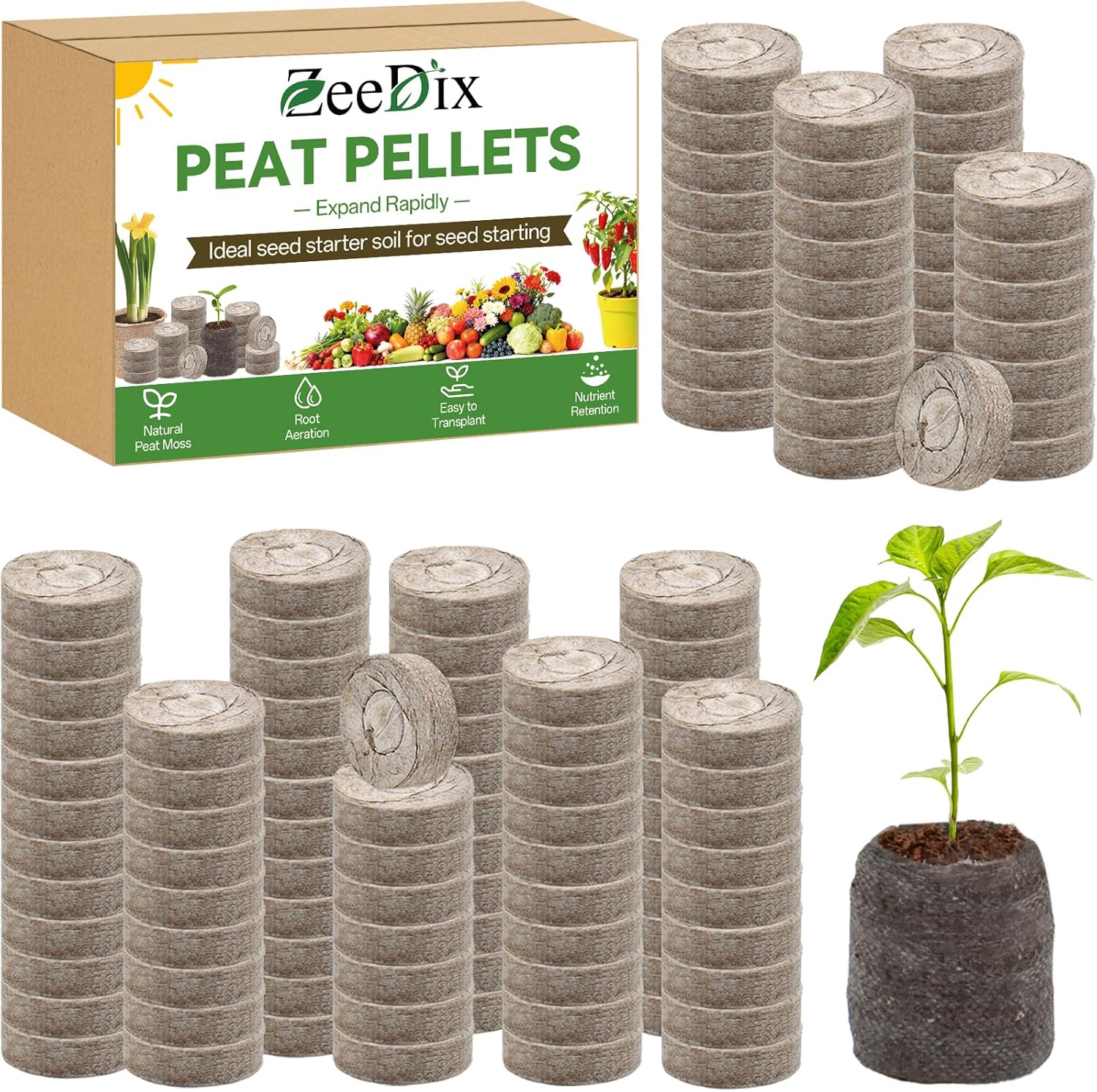 ZeeDix 200 Pcs (36mm) Peat Pellets for Seedlings, Compressed Seed Starting Plugs Pallet Potting Soil Block, Seed Starter Pellets Soil Pods for Planting Flowers, Herbs and Vegetables