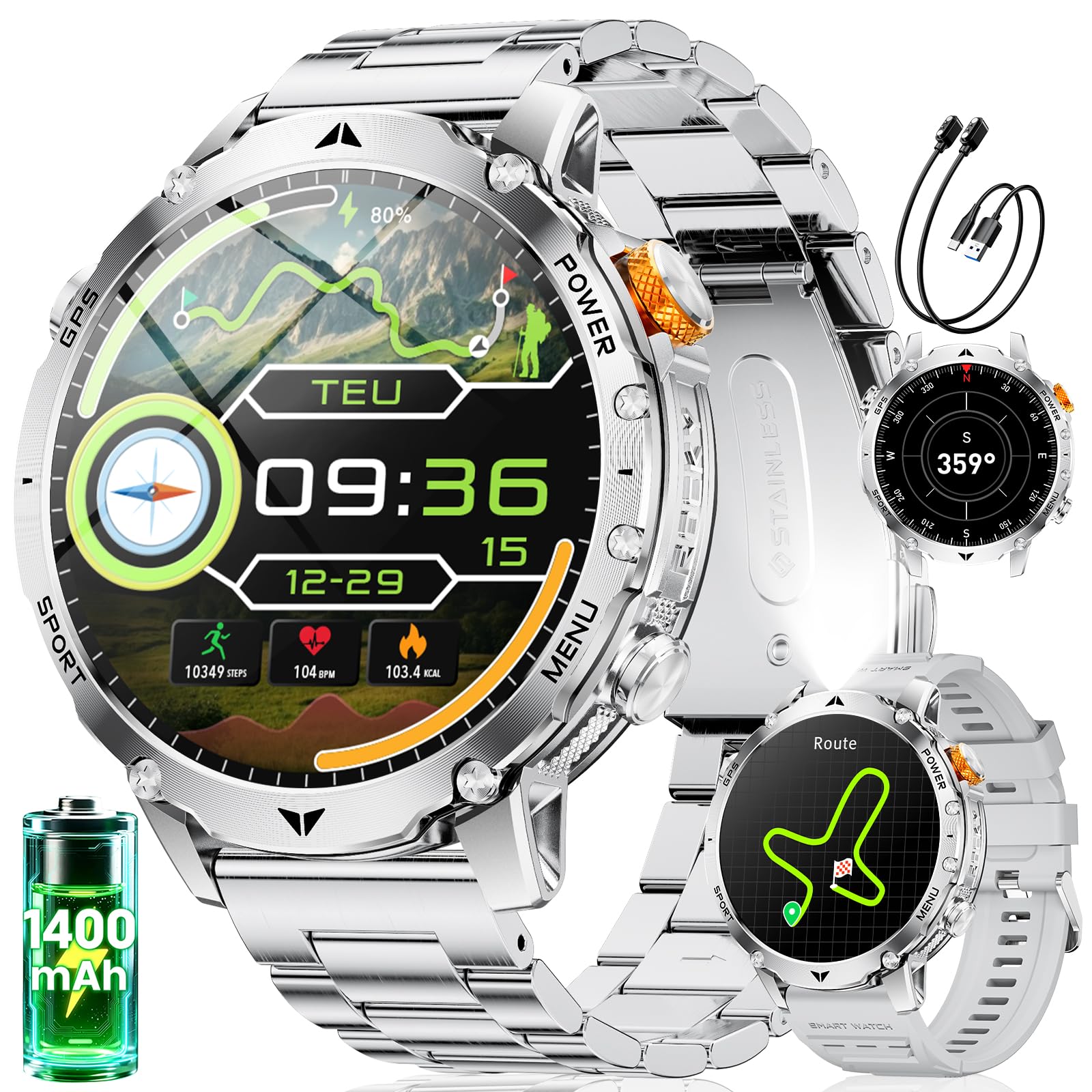 SUNKTA GPS 1400mAh Montre Connectée Homme, Altimètre, Boussole, Appels Bluetooth, Écran HD 1,7", Lampe LED, 120+ Modes Sportifs, Smartwatch Homme Sport, Fréquence Cardiaque, SpO2, Android/iOS,Argent