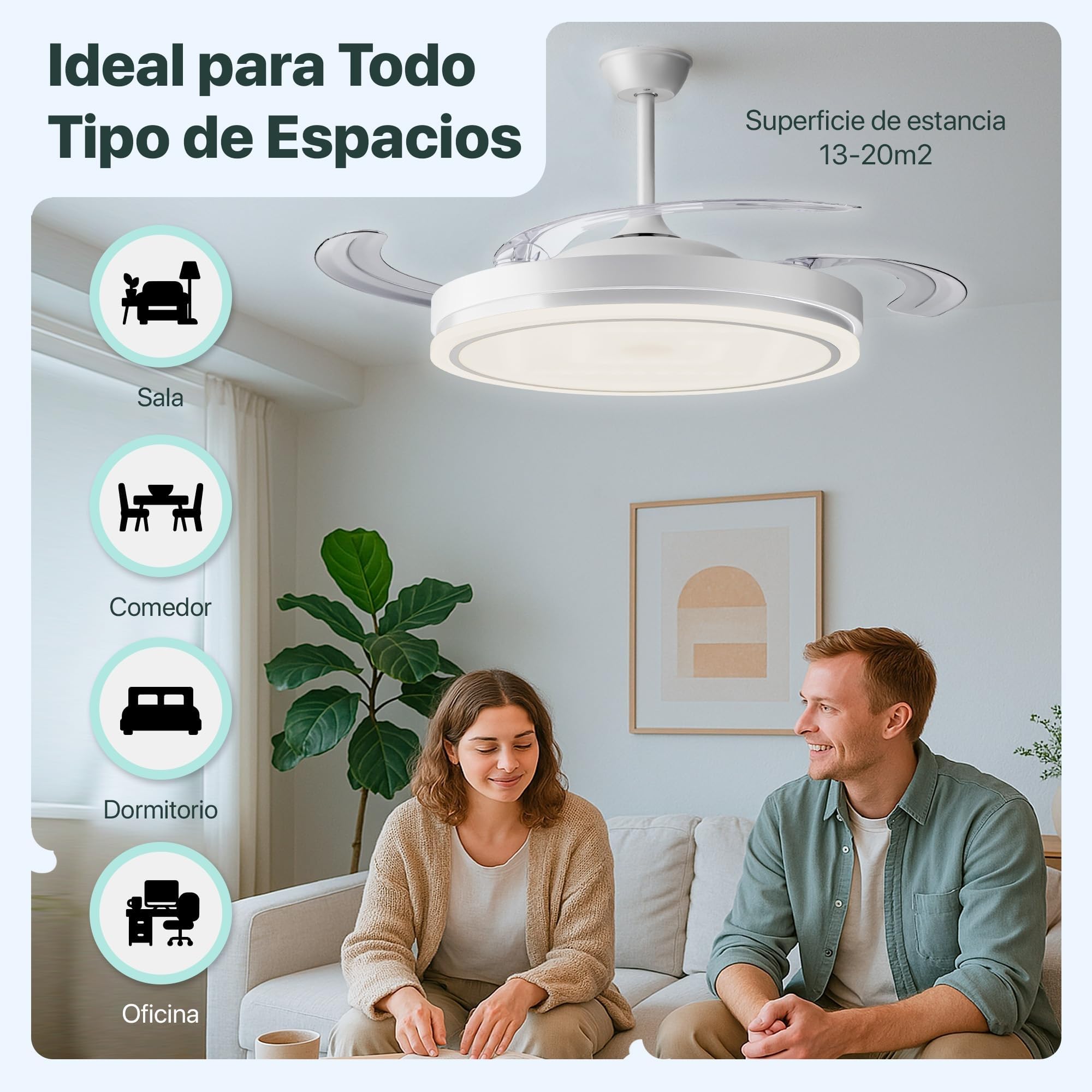 LEDUNI Ventilador de Techo LED con Aspas Retráctiles - 66W, 30W Motor DC+36W Luz 2880LM, Blanco, CCT 3000-6000K, con Control Remoto Funcion verano e invierno (Blanco nieve)