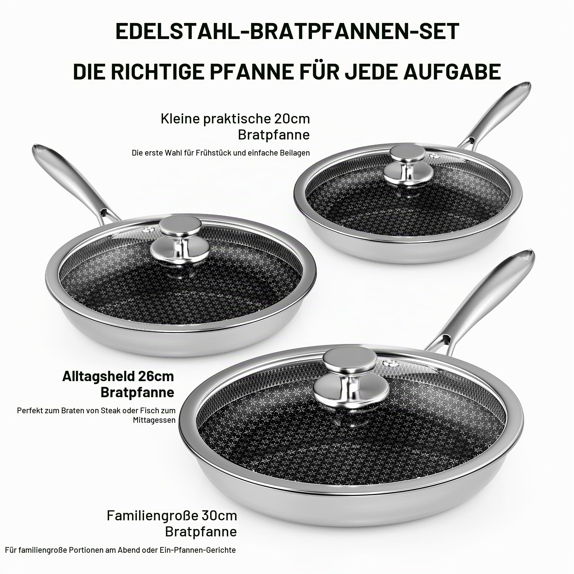 RIOVARM Edelstahl Pfannenset Induktion Antihaft Bratpfannen Set mit Deckeln 20cm 26cm 30cm Wok Pfanne mit Edelstahlgriff Brat- & Universalpfannen für alle Herdarten Spülmaschinenfest Backofenfest