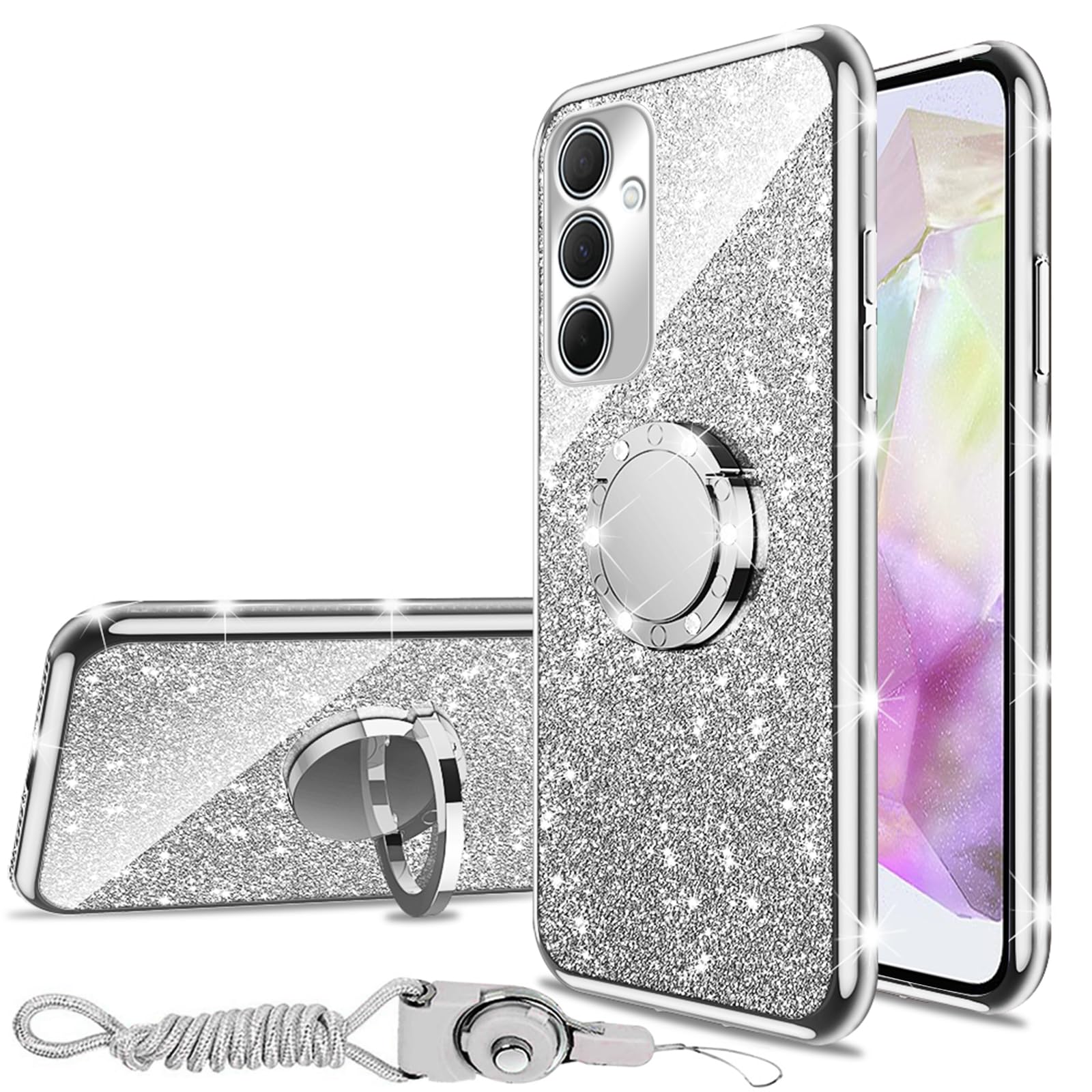 nanchengfor Samsung Galaxy A35 5G Phone Case with Ring Kickstand Lanyard Shockproof Protection Cover for Girls Women Men - Silver