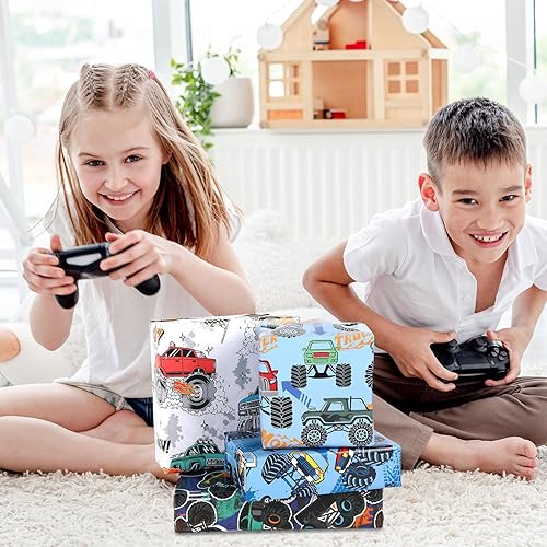 Miniatura 7 de AnyDesign 12 hojas de papel de regalo de camión monstruo de dibujos animados de carreras, papel de regalo a granel, plegado plano, azul y blanco,