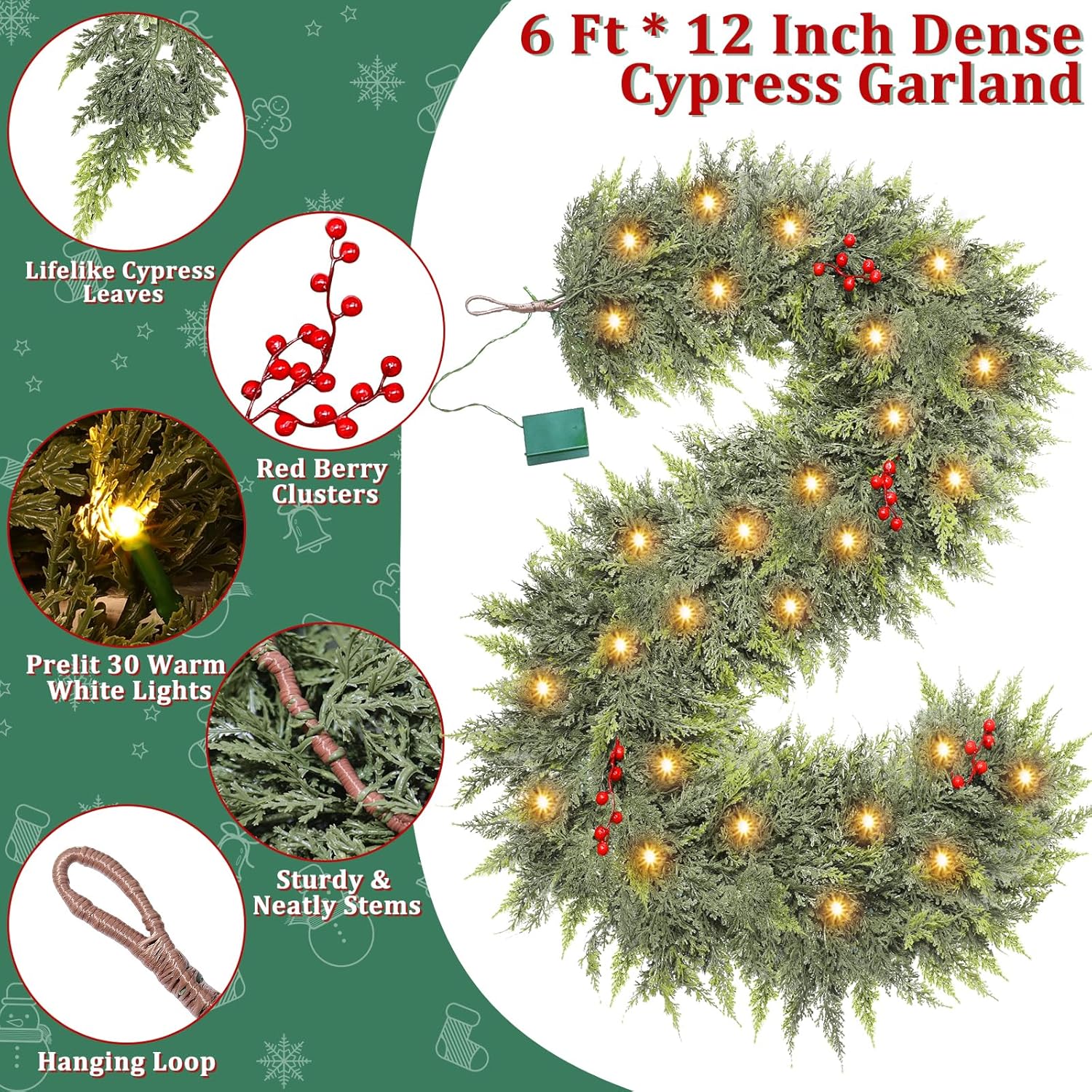 Thicker&Timer - 6 Ft by 12 Inch Real Touch Cedar Garland with Lights Realistic Soft Thickness Christmas Garland, Lighted Faux Pine Garlands Cypress Garlands for Fireplace Mantle Table Indoor Outdoor